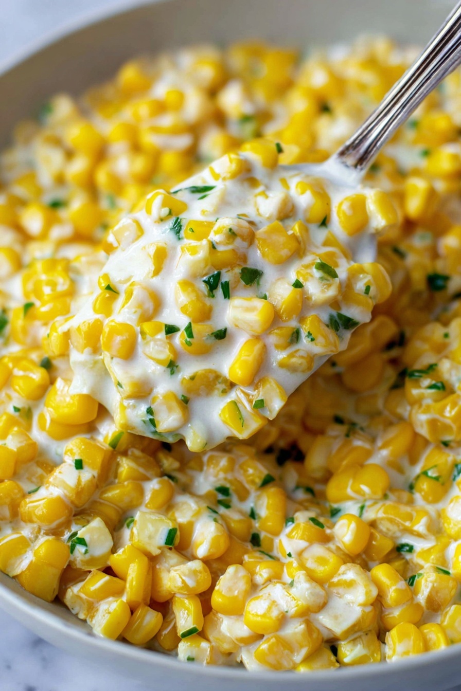 The dish shows a close-up of creamy corn with bright yellow corn kernels mixed with a smooth white cream sauce, with small bits of green herbs scattered throughout. The texture looks soft and rich, with the creamy sauce coating the corn evenly. A metal spoon is lifting some of the corn from a white bowl, showing the mixture inside. The background is a white marbled surface. photo taken with an iphone --ar 2:3 --v 7