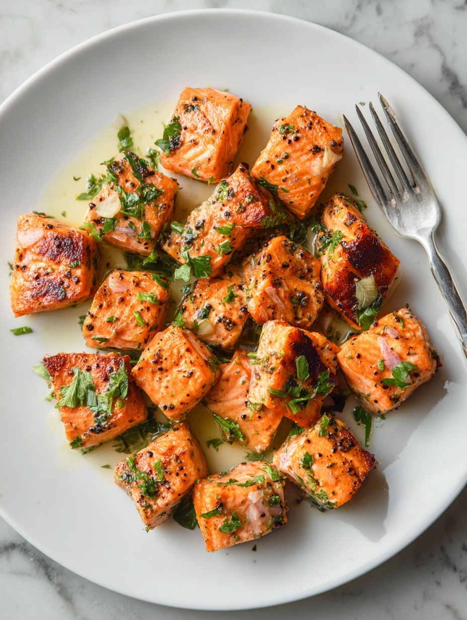The image shows a white plate filled with small, cooked salmon chunks, each piece golden-orange with light grill marks and specks of herbs and black pepper. The salmon pieces are spread loosely over the plate, with a slight glistening from the natural juices and oil. To the left side of the plate, there is a silver fork resting among the salmon chunks. The plate sits on a white marbled surface with a soft cloth partially visible at the bottom left corner. photo taken with an iphone --ar 2:3 --v 7