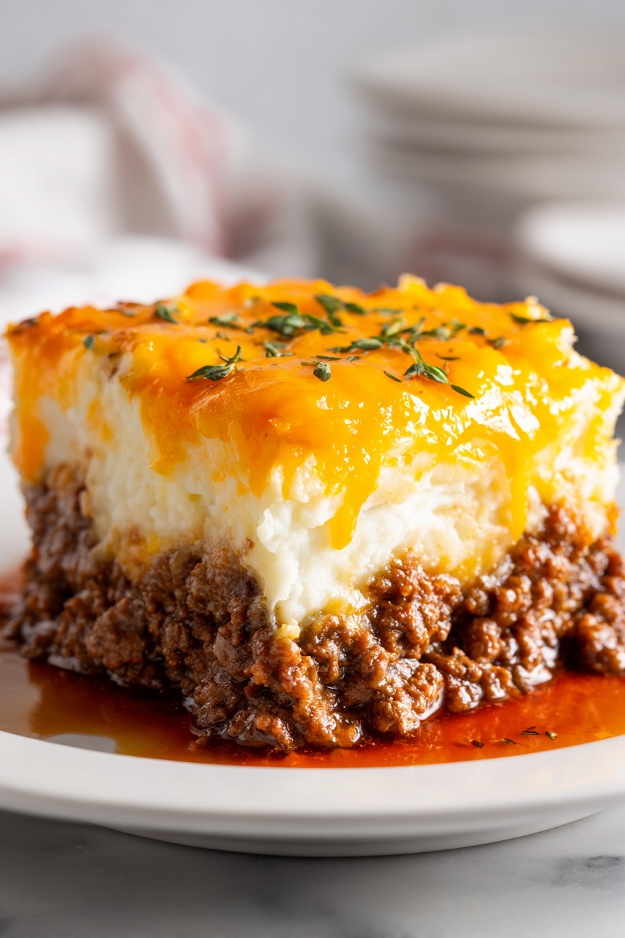 The image shows a white plate with a thick slice of layered meatloaf topped with a browned layer of melted yellow cheese and a light layer of mashed potatoes. The meat layer is dense and brown, occupying the bottom half, while the mashed potatoes are white and soft, placed on the top half. The golden cheese layer glistens with some browned spots, and a small green sprig of thyme sits on top as garnish. In the background, off to the side of the plate, there is a portion of more mashed potatoes, slightly out of focus, all set on a white marbled surface. Photo taken with an iphone --ar 2:3 --v 7