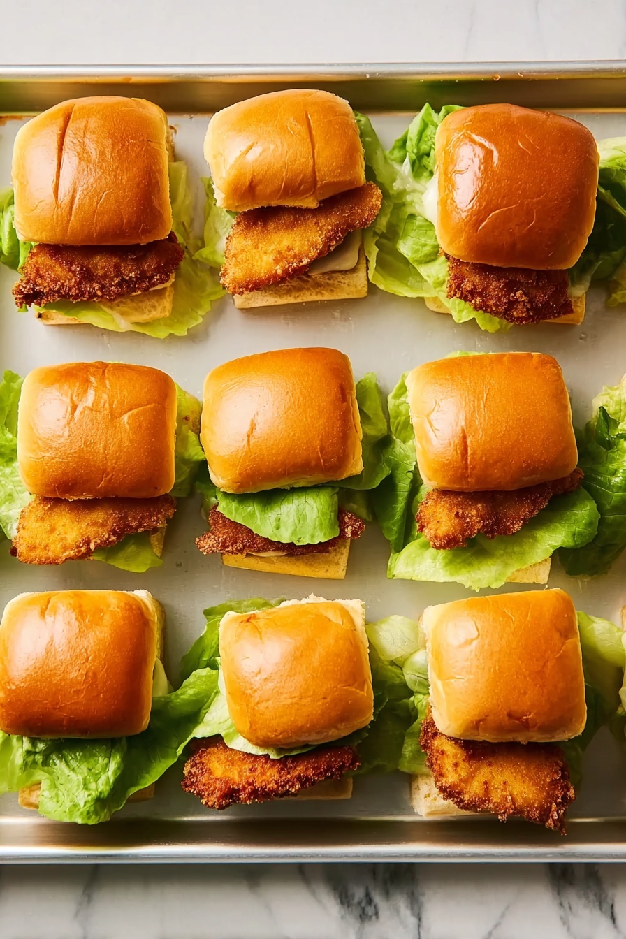 The image shows three small sandwiches on a white marbled surface. Each sandwich has a golden-brown, soft bun on top and bottom. Inside, there is a crispy, breaded fried piece of chicken with a crunchy texture. Underneath the chicken, fresh green lettuce leaves add a bright color. Creamy light orange sauce is drizzled on the chicken, some of it dripping onto the white plate below. One sandwich has a bite taken out, showing the layers clearly. The plate is white and round, holding all three sandwiches close together. Photo taken with an iphone --ar 2:3 --v 7