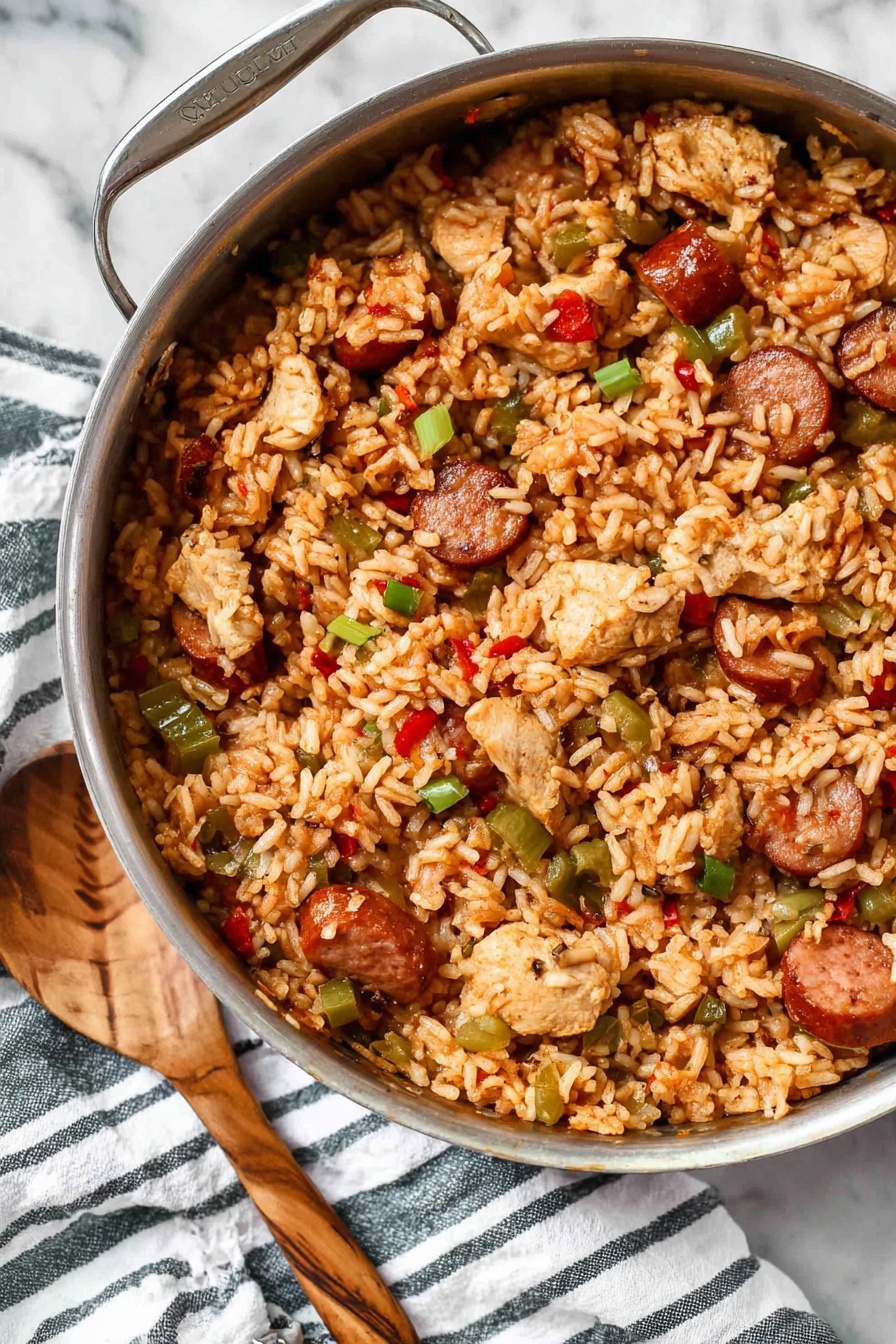 A white bowl filled with a mix of cooked rice, sliced sausage pieces that are brown with a slight char, chunks of light brown cooked chicken, and small diced green celery. The rice is orange-tinted with seasoning, mixed with bits of red tomato visible throughout. The bowl sits on a gray and white striped cloth, and a gold spoon with a black handle is placed inside the bowl. The background has a white marbled texture. photo taken with an iphone --ar 2:3 --v 7