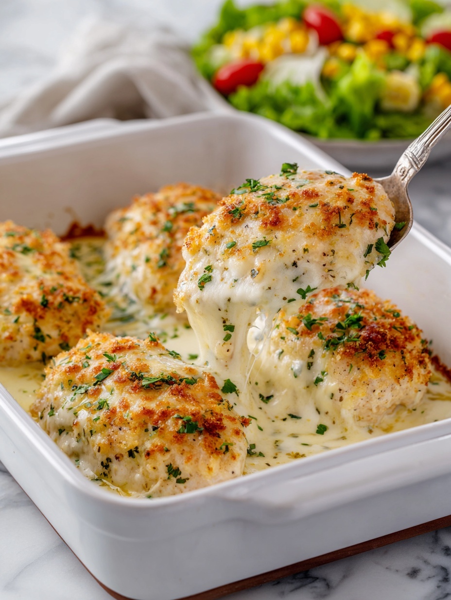 The image shows a white rectangular baking dish with three large layers of food. Each layer consists of a base covered by a thick layer of melted white cheese, topped with golden brown crispy crumbs, and garnished with small green parsley leaves scattered on top. A silver spoon is lifting one portion, revealing the soft and creamy texture underneath the crumb topping. In the blurred background, part of a white bowl with colorful vegetables can be seen, all placed on a white marbled surface. photo taken with an iphone --ar 2:3 --v 7