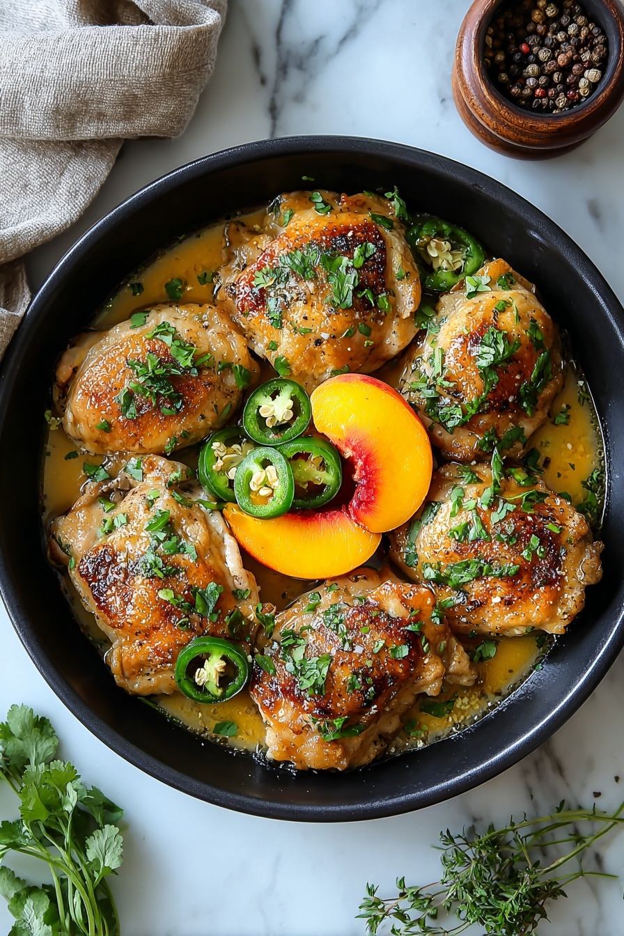 A black bowl holds six browned pieces of cooked chicken, each piece showing a grilled texture with golden and dark charred spots. Around the chicken are four yellow peach halves and four slices of green jalapeño peppers with visible seeds. Fresh chopped green herbs are sprinkled over everything, adding a bright touch. The dish sits in a light sauce at the bottom. The bowl is on a white marbled surface with some green herb sprigs nearby and a pepper shaker partly visible. Photo taken with an iphone --ar 2:3 --v 7