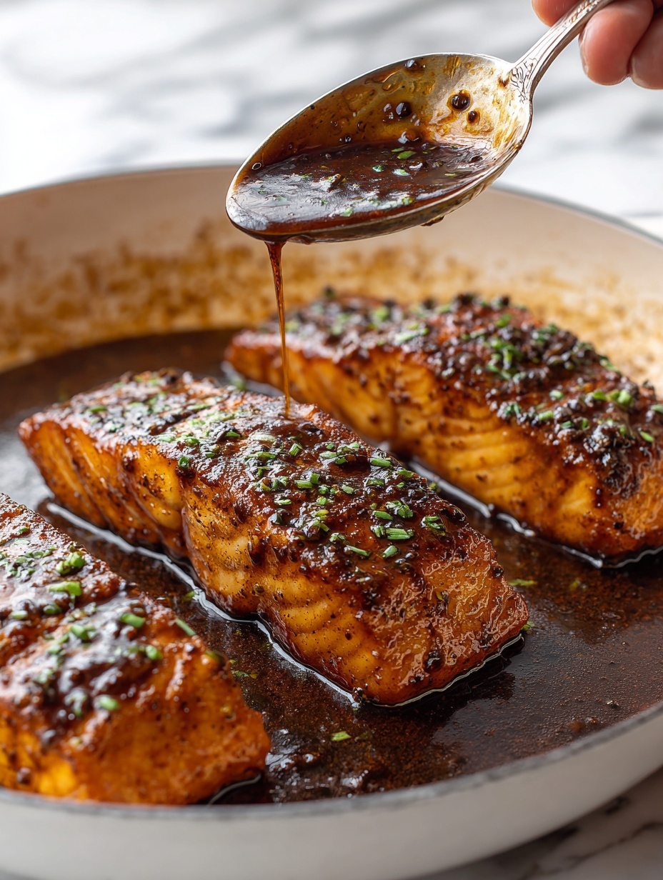 The image shows three pieces of glazed salmon fillets in a pan filled with dark brown sauce. The salmon has a shiny, sticky glaze with a deep orange-brown color, speckled with black pepper and small green herb pieces. The salmon's texture looks moist and tender, with one piece being gently pulled apart by a fork, revealing soft, light pink flesh inside. The sauce around the salmon is thick and glossy, adding a rich appearance. The pan edges are visible with the salmon nestled closely together. The background is a white marbled texture. photo taken with an iphone --ar 2:3 --v 7