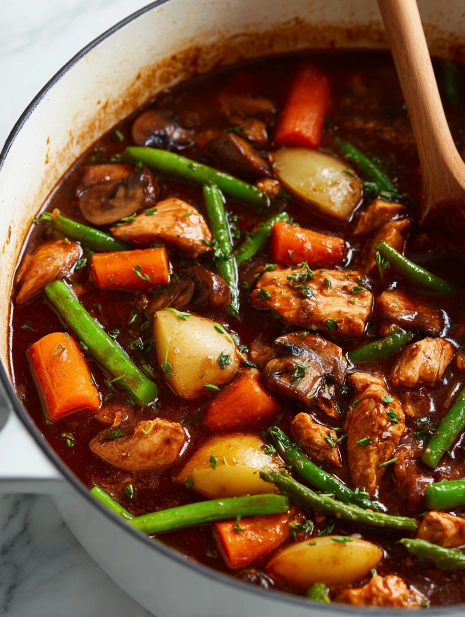 A close-up view of a thick stew filled with bright orange carrot chunks, whole baby potatoes with a yellow skin, green beans, and sliced brown mushrooms. There are also pieces of tender brown meat mixed with the vegetables, all in a rich, dark brown sauce that looks glossy and smooth. Small green herb pieces are scattered on top, adding a fresh pop of color. A wooden spoon is partially visible in the sauce on the right side, stirring the stew. The background is a white marbled texture photo taken with an iphone --ar 2:3 --v 7