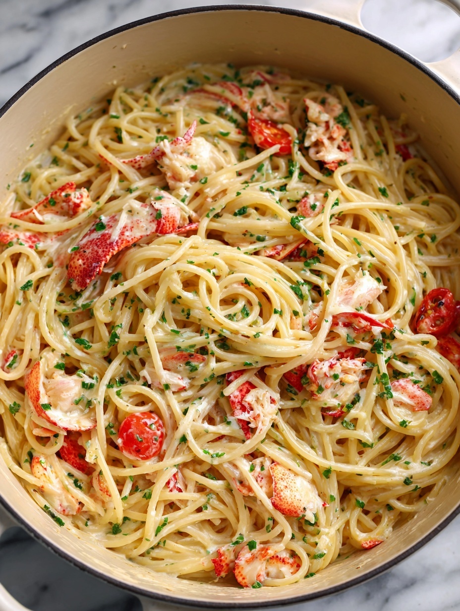 A white deep bowl holds a creamy yellow pasta dish with several small chunks of light pink lobster mixed in throughout. The pasta appears to be spaghetti, tangled in the middle and coated with a smooth, creamy sauce. Scattered bright red cherry tomatoes add bursts of color along the sides. Tiny green herb pieces, likely chives, are sprinkled on top, giving hints of freshness. The dish looks rich and well combined, resting on a white marbled surface. photo taken with an iphone --ar 2:3 --v 7