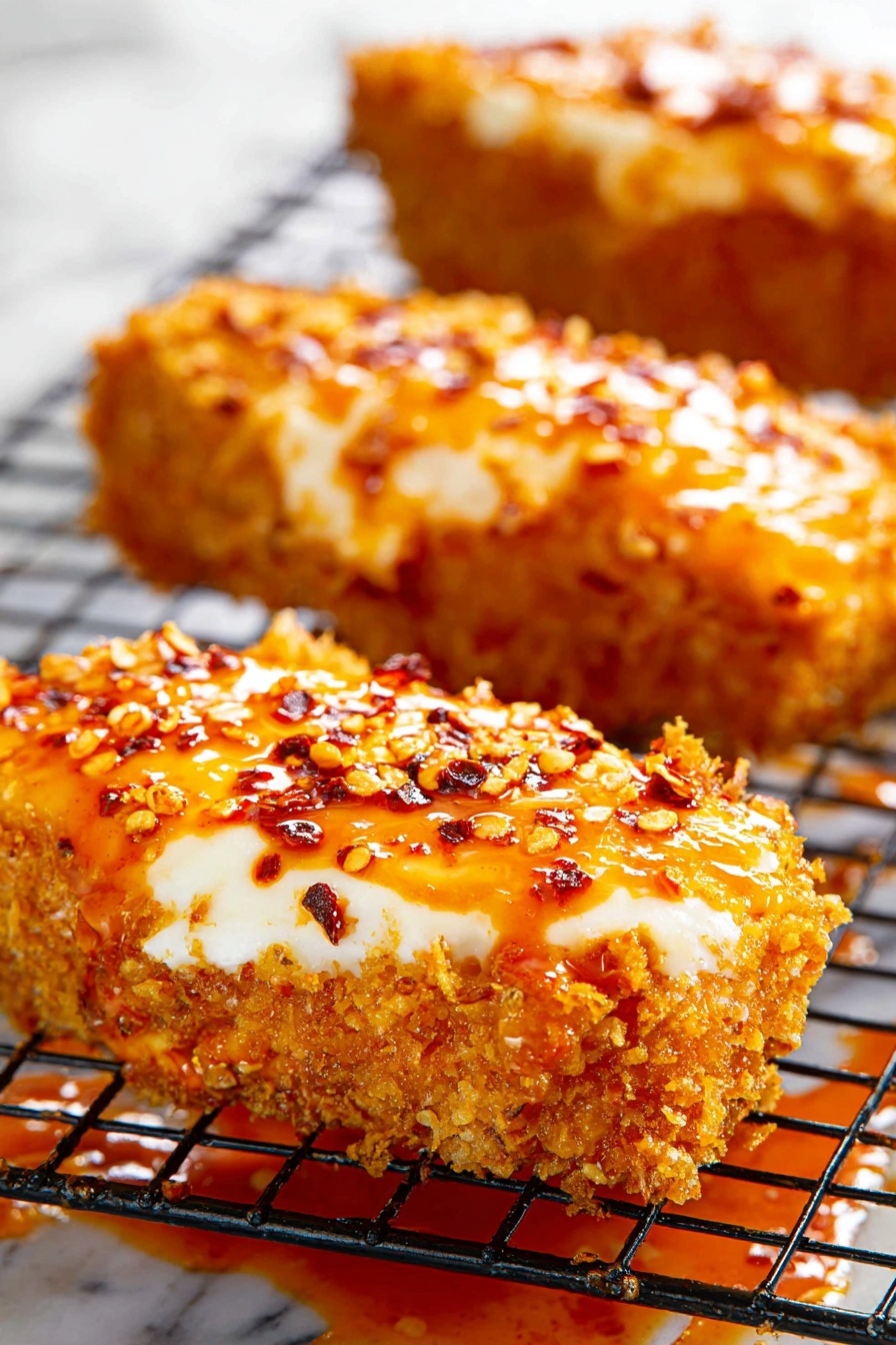 The image shows crispy fried food pieces placed on a black wire drying rack over a white marbled surface. Each piece has a golden-brown crunchy base layer that looks crispy and textured. On top of the crispy layer, there is a thick layer of creamy white topping that is unevenly spread. The topping is drizzled with a bright red-orange oily sauce, creating shiny spots and small pools on the surface, adding a glossy contrast. The front piece is in sharp focus, and the texture of the crispy base and creamy topping with the sauce is clearly visible, while the back pieces are slightly blurred. photo taken with an iphone --ar 2:3 --v 7