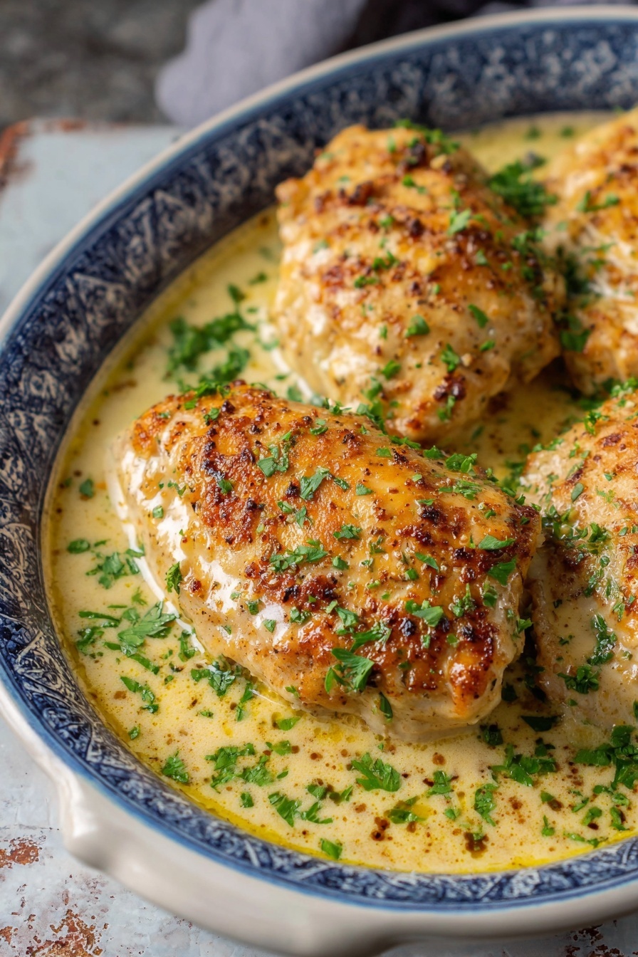 The image shows three creamy baked chicken pieces lying side by side in a white oval dish with a blue patterned edge. Each chicken piece has a golden brown top with a slightly crispy texture and some black specks of seasoning. The dish is filled with a creamy, light yellow sauce that surrounds the chicken. Small green herb sprinkles are scattered over the chicken, adding color contrast. The setup is on a white marbled surface. photo taken with an iphone --ar 2:3 --v 7