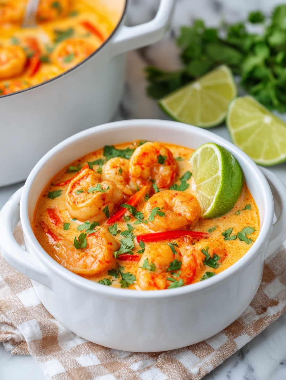 A white bowl filled with two main layers: on the left side, there is a layer of fluffy white rice with a slightly glossy texture, and on the right side, a thick orange-red sauce with pieces of cooked shrimp that are pinkish-white with a firm texture. Mixed into the sauce are small bright green broccoli florets and red bell pepper chunks. On top of the shrimp layer, there are scattered yellow pineapple chunks and fresh chopped green herbs, mostly cilantro, adding vibrant green spots. A few red chili flakes are sprinkled over the whole dish. A brass spoon is partially visible, resting inside the bowl on the left side. The bowl is placed on a surface with white marbled texture. Photo taken with an iphone --ar 2:3 --v 7
