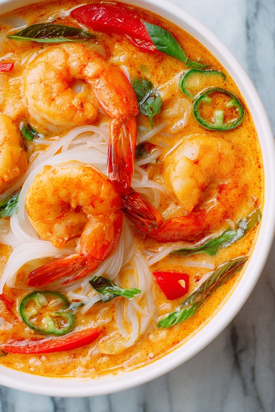 This image shows a close-up of a shrimp soup with three large shrimp placed on top, their pale orange color and curved shape clearly visible. The soup has a rich, creamy orange broth that fills the whole white bowl, with thin white rice noodles spread throughout. There are small square pieces of red bell pepper and green chili slices scattered across the dish. Some green herb leaves add a hint of freshness on top. The shrimp shells and tails are still attached, and the soup looks thick and flavorful. The photo is taken on a white marbled surface. Photo taken with an iphone --ar 2:3 --v 7