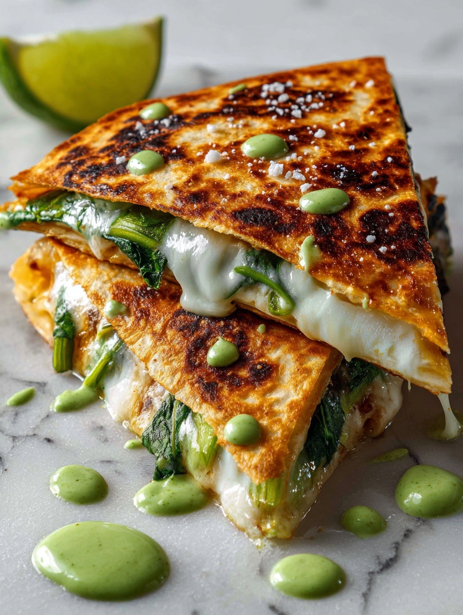 Two triangular quesadilla slices are stacked on a white marbled surface, each slice showing a crispy golden-brown outer layer with browned, slightly charred spots. The top slice, slightly pulled away from the bottom one, reveals gooey melted white cheese stretching between them. Inside, green vegetables and herbs are visible under the cheese. Small dollops of bright green sauce are placed on top and around the quesadillas. There is a half lime wedge near the top and another at the bottom of the image. A spoon with some of the green sauce sits on the right side on a white marbled texture. Photo taken with an iphone --ar 2:3 --v 7