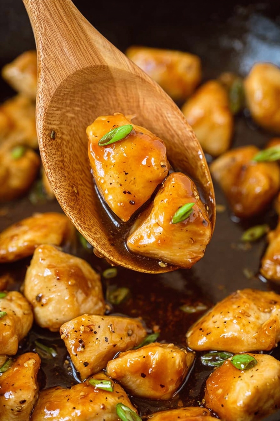 The image shows several pieces of golden brown chicken cooked in a glossy, light brown sauce, all placed in a white marbled pan. A wooden spoon holds two pieces of chicken, coated with the shiny sauce and garnished with small green onion slices. The chicken pieces are plump and have a smooth, slightly shiny texture with tiny black specks from seasoning, and the sauce pools around the chicken inside the pan. The background is a white marbled surface. photo taken with an iphone --ar 2:3 --v 7