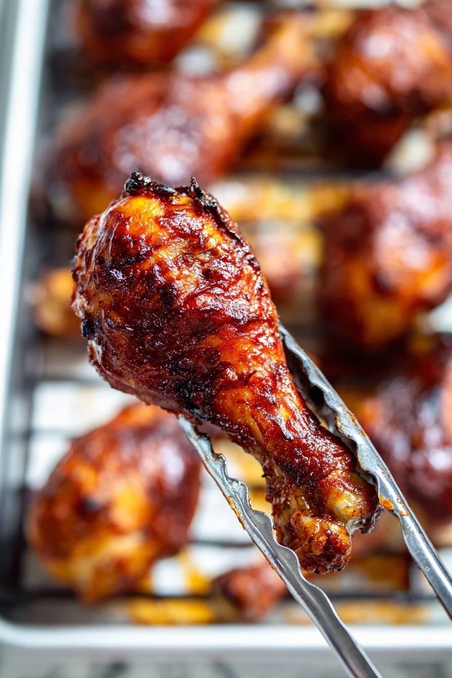 The image shows a metal rack filled with eleven grilled chicken drumsticks. The drumsticks are arranged in three rows, with four in the top row, three in the middle, and four in the bottom. Each drumstick has a shiny, dark brown coating with charred bits, giving a rich, caramelized look. The metal rack sits over a baking tray that has brown, roasted spots and some scattered drips of sauce around the drumsticks. The overall scene is set on a white marbled texture. Photo taken with an iphone --ar 2:3 --v 7