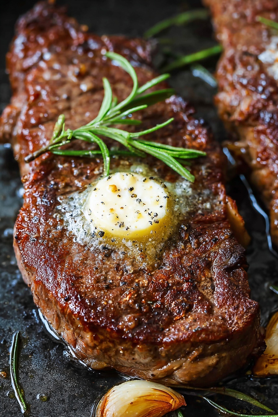The image shows six steps of cooking thick steaks on two white plates with blue stripes and in a black cast iron pan. The first plate has two raw steaks with visible fat marbling, and a woman's hand holding a white paper towel drying one steak. The second plate shows the two steaks seasoned with black pepper, covering their deep red surface. The pan is shown in the next two images: first with a red brush spreading oil on its black surface and then two steaks placed inside, the steak on right side lifting slightly by a black spatula. The final two images show the cooked steaks, brown and seared with grill marks, being turned with tongs and then being spooned with melted butter and herbs like garlic and rosemary in the pan. The background is a white marbled texture. Photo taken with an iphone --ar 2:3 --v 7