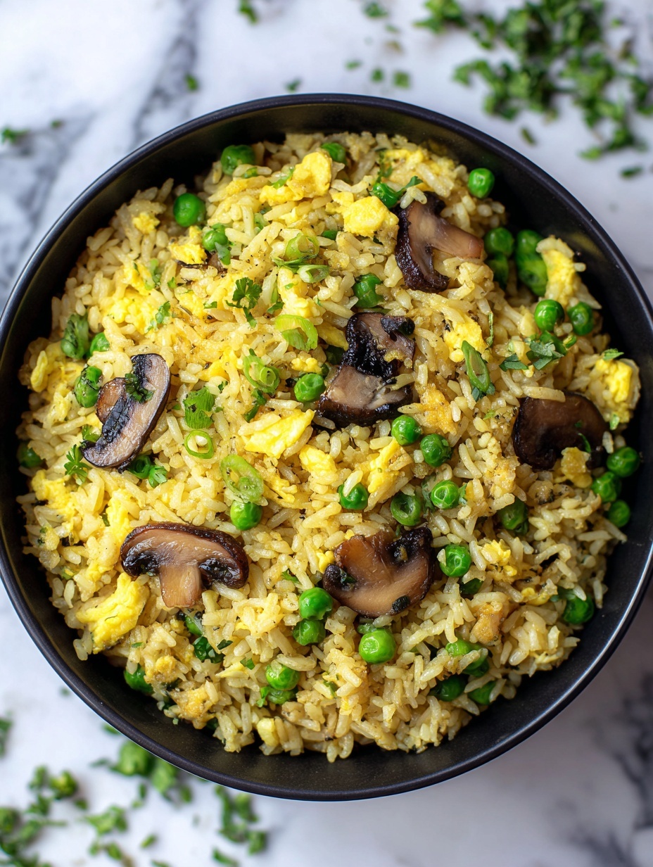 A close-up view of a bowl filled with fried rice mixed with layers including white rice grains, bright green peas, sliced light brown mushrooms, and chopped green onions all mixed evenly throughout. The rice appears fluffy with small bits of cooked egg scattered in soft yellow pieces. This mixture is served inside a dark bowl with a worn texture, placed on a white marbled surface. Photo taken with an iphone --ar 2:3 --v 7