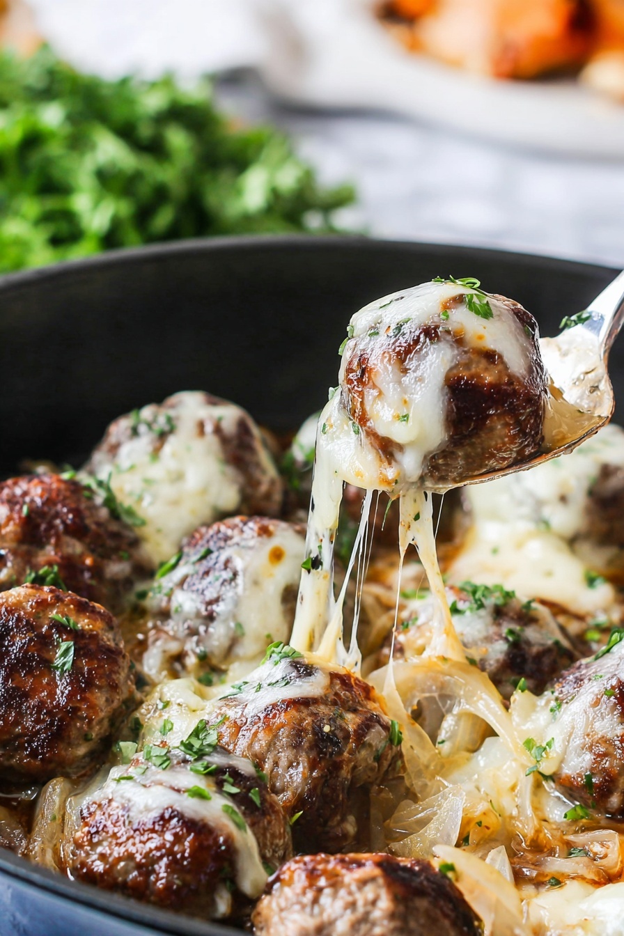 A close-up view of a black pan filled with several browned meatballs each topped with melted, stretchy white cheese and small green herb pieces. Underneath and around the meatballs are soft, cooked translucent onion slices in a brownish sauce. A spoon lifts one meatball, showing the shiny melted cheese stretching from the pan to the spoon. The background is blurred with green leafy herbs on a white marbled surface. photo taken with an iphone --ar 2:3 --v 7