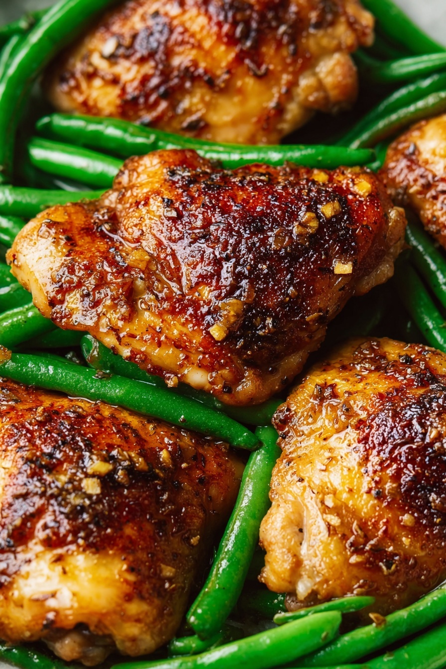 The image shows several pieces of cooked chicken thighs with a golden brown, slightly charred surface, resting on a bed of bright green, glossy green beans. The chicken has a textured, crispy skin with small bits of garlic and spices visible, and a shiny glaze of sauce that makes it look moist and flavorful. The green beans are fresh and vibrant, placed around and beneath the chicken pieces, creating a balanced color contrast. The whole scene is closely framed, focusing on the rich colors and textures of the food against a white marbled textured surface. photo taken with an iphone --ar 2:3 --v 7
