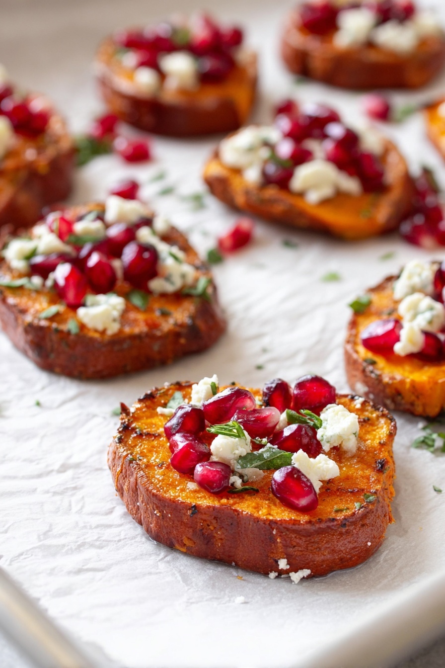 The image shows several round slices of roasted sweet potato arranged on white parchment paper on a metal tray. Each slice has a slightly browned, textured orange surface with a thin purple-brown skin around the edges. On top of each sweet potato slice, there are small white crumbles of cheese and glossy red pomegranate seeds scattered evenly. Tiny green herb bits are sprinkled over, adding a fresh contrast. The background is a white marbled texture. photo taken with an iphone --ar 2:3 --v 7