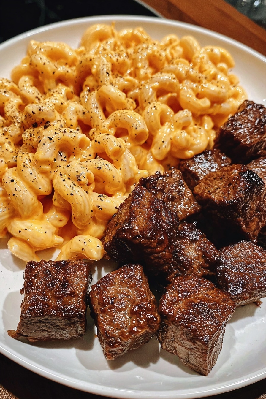 A white plate holds two main layers: on the left side, there is a large portion of short, tube-shaped pasta covered in a creamy orange sauce sprinkled with black pepper, giving it a smooth and shiny look; on the right side, there are bite-sized pieces of browned meat, grouped closely, with a slightly shiny, seared texture showing some char marks. The plate is on a dark surface with the food filling most of the plate. photo taken with an iphone --ar 2:3 --v 7