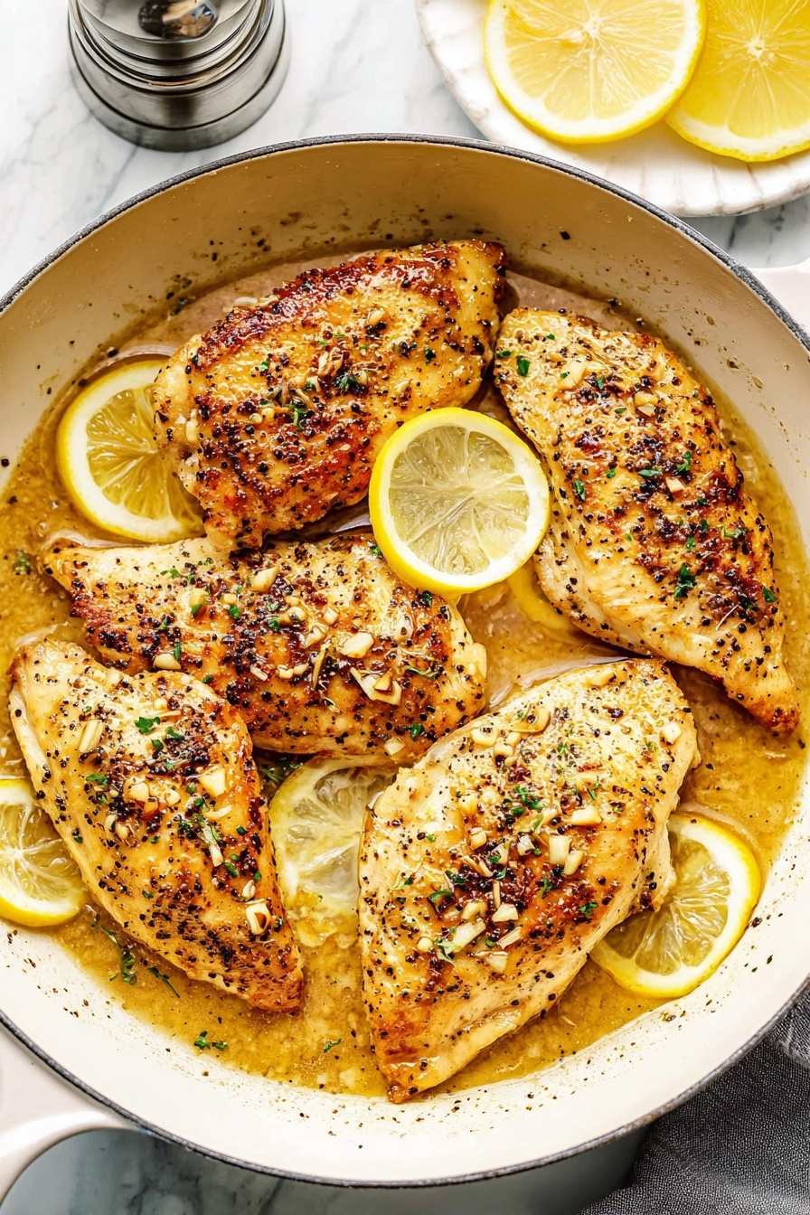 A white pot holds four cooked chicken pieces in a brown sauce, each piece golden yellow with black pepper and bits of garlic on top. Thin lemon slices are placed on and around the chicken, adding bright yellow and white layers. The sauce surrounds the chicken, giving a shiny texture to the bottom of the pot. The pot sits on a white marbled surface, with a small bowl of black pepper in the top right and a plate with lemon slices just visible. photo taken with an iphone --ar 2:3 --v 7
