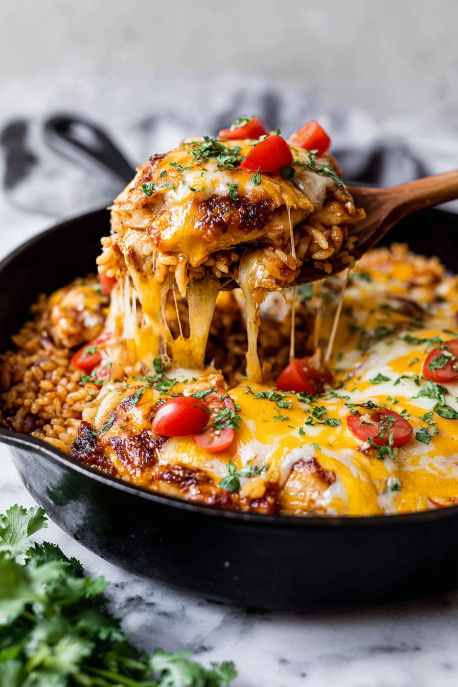 The image shows a black skillet filled with a layered cheesy chicken rice dish. The bottom layer is golden-brown rice mixed with bits of chicken and spices, topped with melted yellow and white cheese. On top of the cheese are small red cherry tomato pieces and green cilantro leaves scattered evenly. A woman's hand is holding a wooden spoon lifting a piece of browned chicken covered in cheese, with melted cheese stretching from the skillet to the spoon. The skillet is set on a white marbled surface with a few cilantro leaves nearby. Photo taken with an iphone --ar 2:3 --v 7