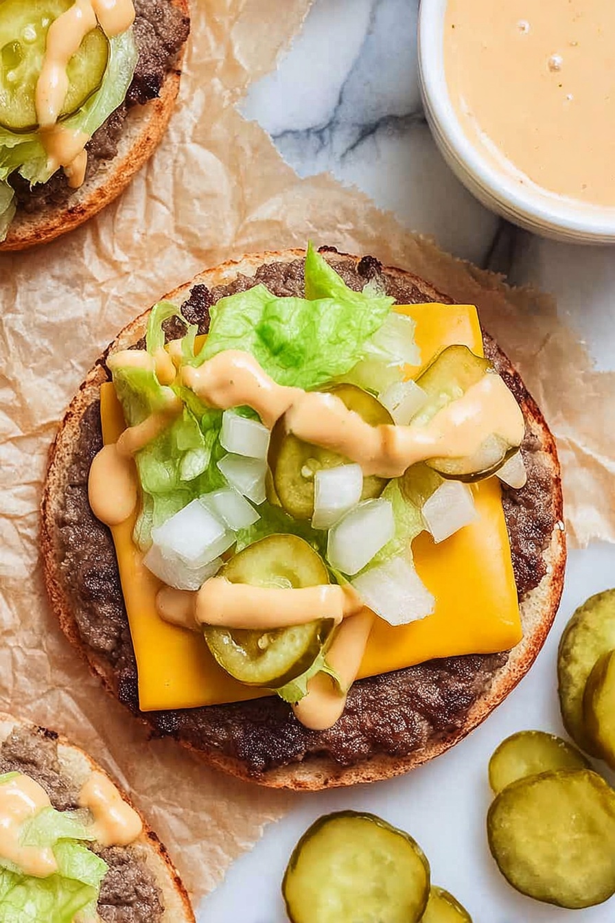 A toasted brown bun bottom holds a dark brown, grilled burger patty with a slightly rough texture. On top of the patty is a slightly melted square slice of bright yellow cheddar cheese. Over the cheese, there is a small layer of light green shredded lettuce and three round, ridged green pickle slices. White diced onions are scattered on the pickles and lettuce. Light orange creamy sauce is drizzled over the top in lines. The burger sits on white parchment paper with more pickle slices around. A white bowl with extra light orange sauce is seen on the right side. Photo taken with an iphone --ar 2:3 --v 7
