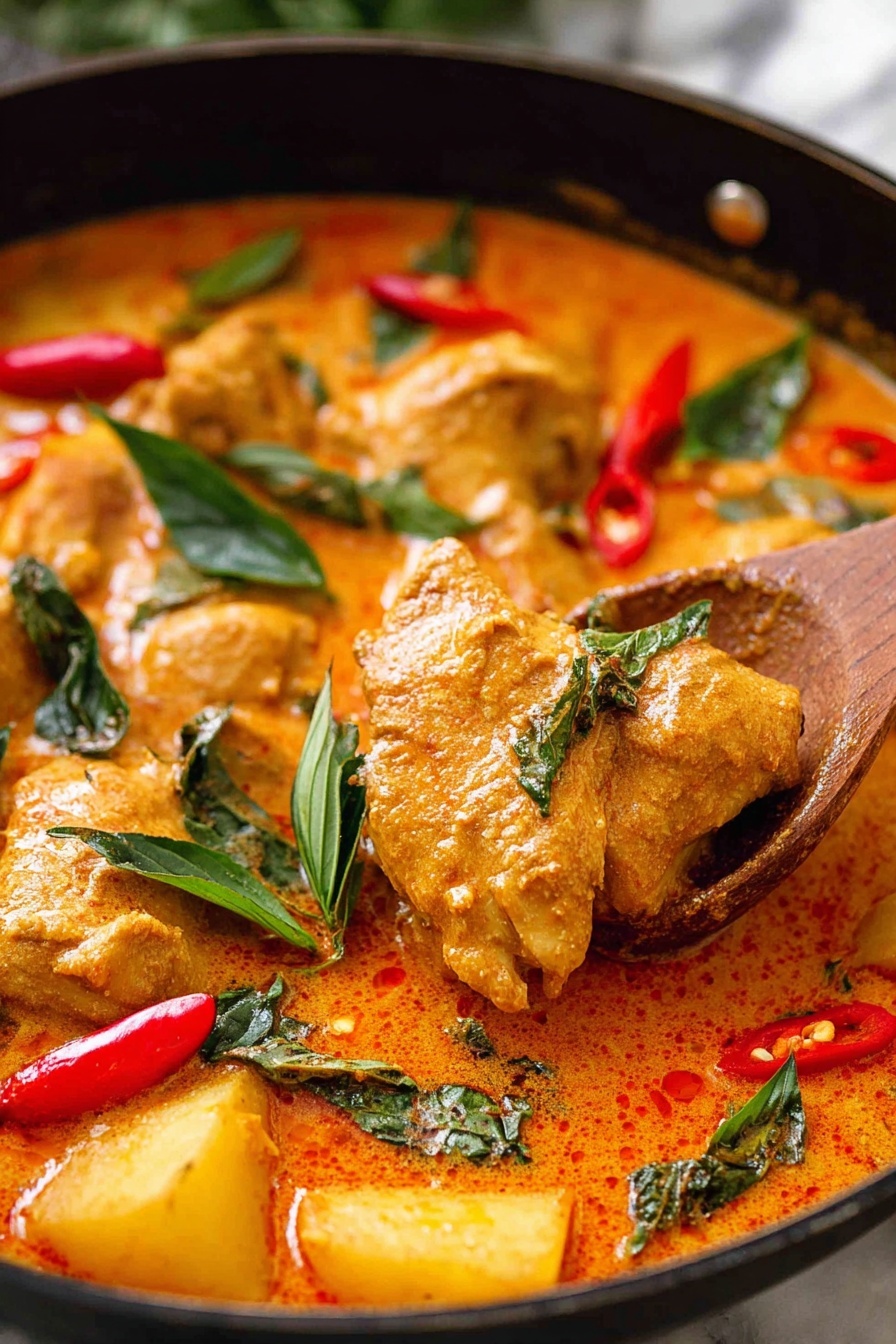 A white bowl filled with two main layers: on the right side, a fluffy white rice layer with soft texture and a sprig of bright green cilantro on top, and on the left side, a thick orange curry with chunks of tender, light brown meat and slices of red bell pepper mixed with chopped green herbs, all in a creamy sauce that coats the ingredients well. The bowl is set on a white marbled surface with a red cloth partially visible beneath it. Photo taken with an iphone --ar 2:3 --v 7