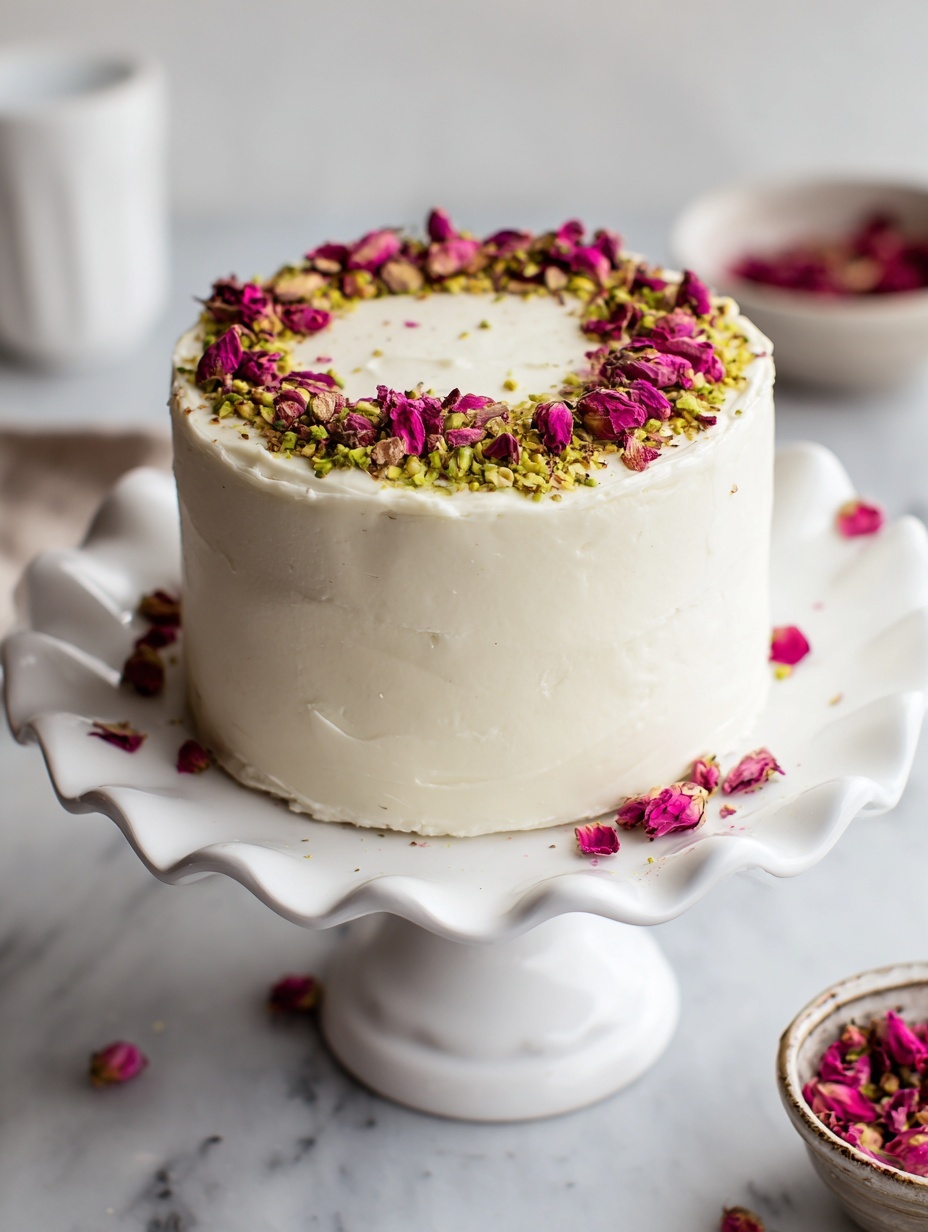 A small round cake covered in smooth white icing sits centered on a white plate with scalloped edges, placed on a white marbled background. The cake has one visible layer beneath the icing, and it is decorated with a circle of crushed green pistachios mixed with pink dried rose petals on top. Around the edge of the cake, small dried rosebuds are evenly spaced, creating a floral border. Some crushed pistachios and rose petals are scattered around the plate and the background. In the foreground, blurred pink flowers add softness to the scene. Photo taken with an iphone --ar 2:3 --v 7
