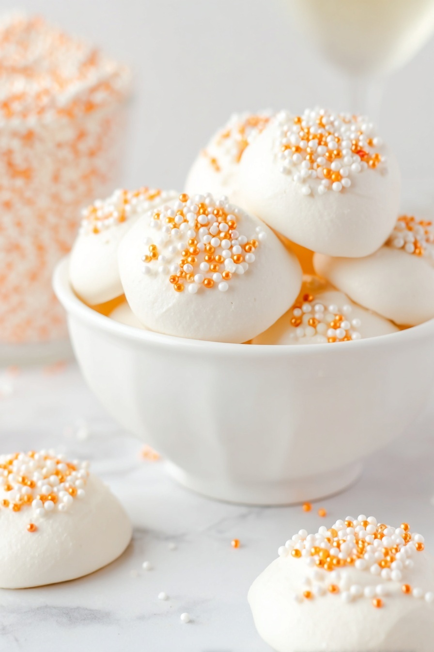 The image shows a small white bowl filled with smooth, round, white treats that look soft and fluffy. Each treat is on one layer and topped with small golden and white pearl-like sprinkles scattered evenly over the surface. Next to the bowl, there is a small white dish filled with more golden and white pearl sprinkles. In the background, a clear pale yellow drink is slightly blurred. The whole scene is set on a white marbled surface, with soft natural lighting that highlights the creamy texture of the treats. photo taken with an iphone --ar 2:3 --v 7