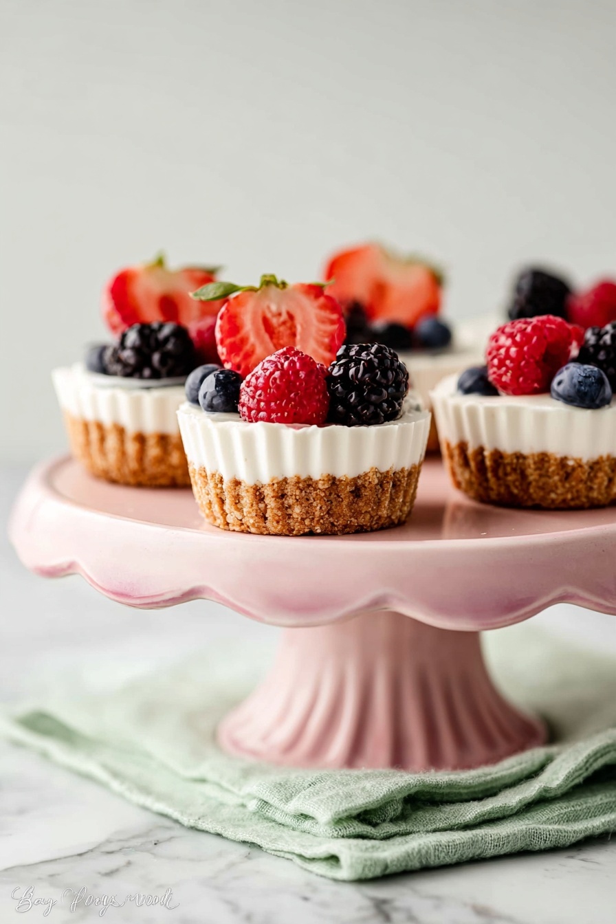 Four small fruit tarts are shown on a pink cake stand with scalloped edges. Each tart has three layers: a bottom golden brown crumb crust, a thick middle layer of white cream with a ridged texture, and a top layer of fresh mixed berries including deep black blackberries, dark red strawberries, and small dark blue blueberries, arranged in a small pile. The cake stand sits on a soft green cloth with subtle wrinkles, all placed against a smooth light beige background with a white marbled texture photo taken with an iphone --ar 2:3 --v 7