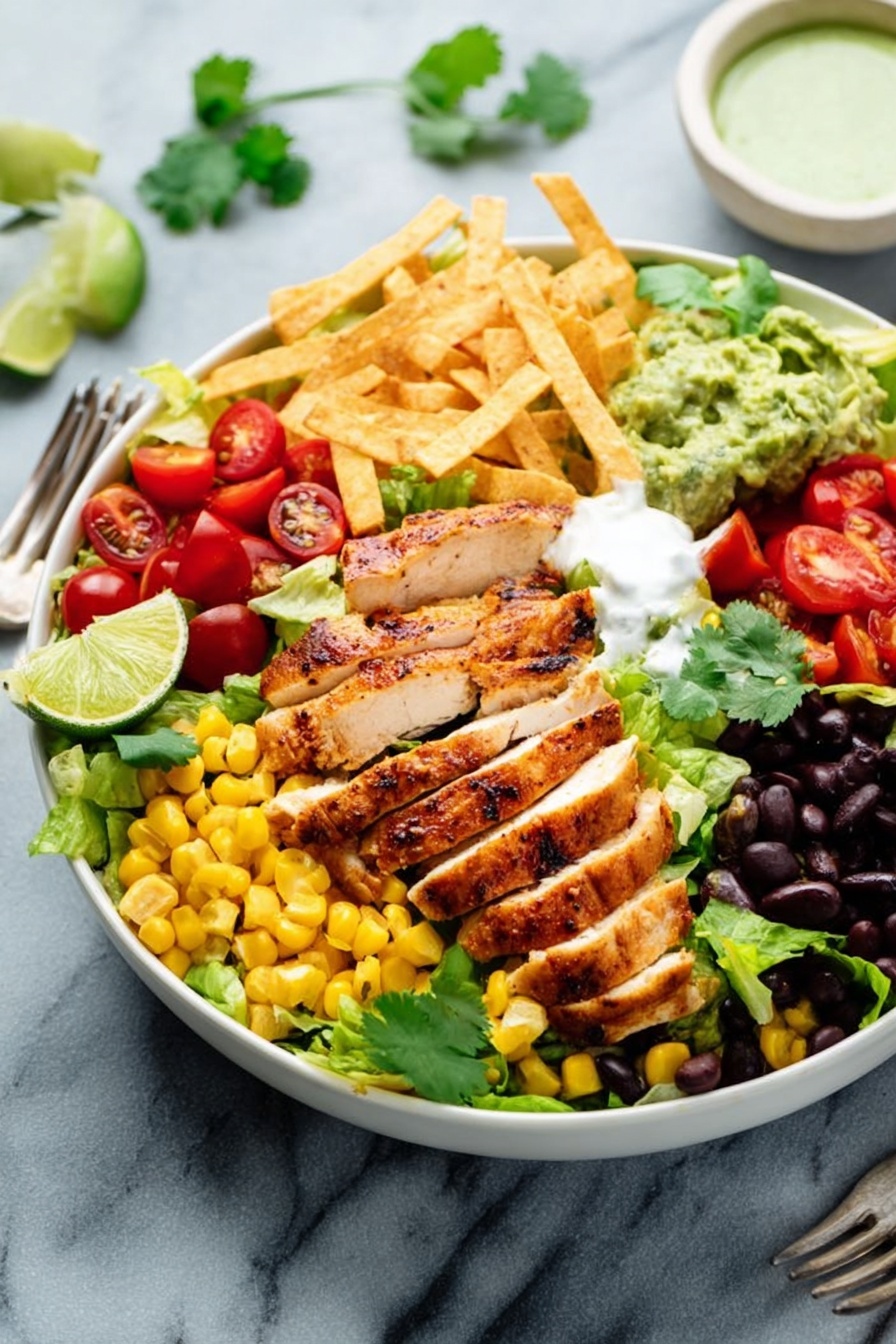 A white bowl filled with layers of fresh green lettuce as the base, topped with strips of grilled golden-brown chicken in the center. Surrounding the chicken are bright red cherry tomatoes, sliced red bell peppers, black beans, and yellow corn kernels. There are slices of black olives and a dollop of white sour cream near the chicken, with crispy light yellow tortilla strips scattered on one side. A small mound of green guacamole with fresh cilantro leaves rests near the front, along with two lime wedges on the edge. The bowl is placed on a white marbled surface with a fork in the background and a small cup of green sauce to the side. photo taken with an iphone --ar 2:3 --v 7