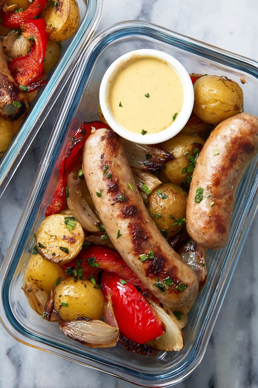 A white rectangular baking dish filled with three main layers: the bottom layer has round yellow potato slices, the middle layer has browned onion pieces scattered unevenly, and the top layer has long strips of red and green bell peppers spread across. A woman's hand is pouring a clear light-yellow liquid from a glass measuring cup onto the vegetables. Next to the dish on a white marbled surface are three small glass bowls holding green herbs, black pepper, and salt, along with another glass measuring cup filled with the same light-yellow liquid. photo taken with an iphone --ar 2:3 --v 7