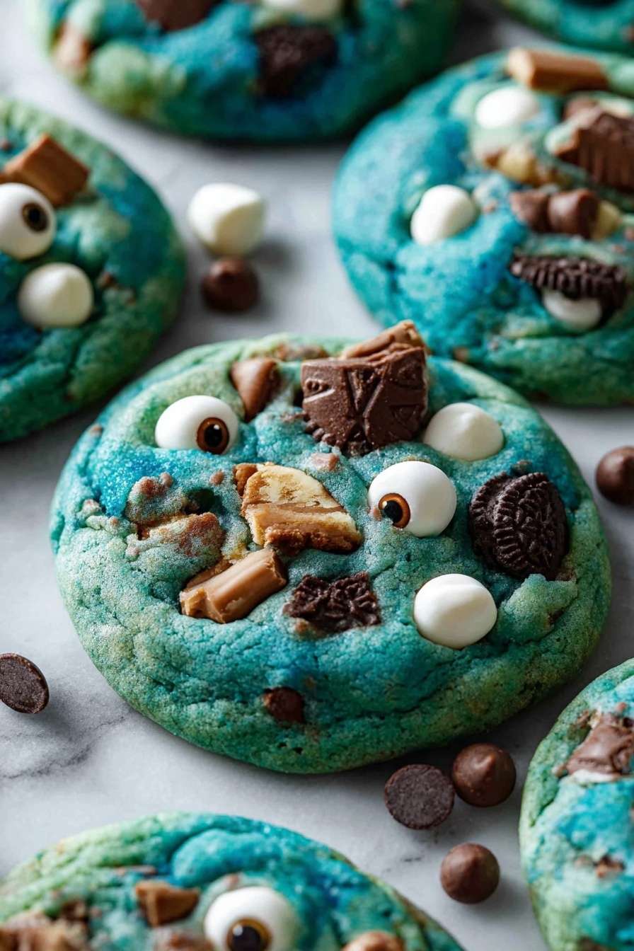 The image shows two thick cookies stacked on a white marbled surface, with the top cookie broken in half revealing its soft inside. Each cookie has a blue-green dough base speckled with dark chocolate chips and chunks of cookie pieces. The inside of the broken cookie oozes warm melted milk chocolate, with visible white chocolate chips mixed throughout. The cookies appear soft and dense with a slightly bumpy texture. The background is softly blurred, keeping the focus on the detailed layers and rich colors of the cookies. Photo taken with an iphone --ar 2:3 --v 7