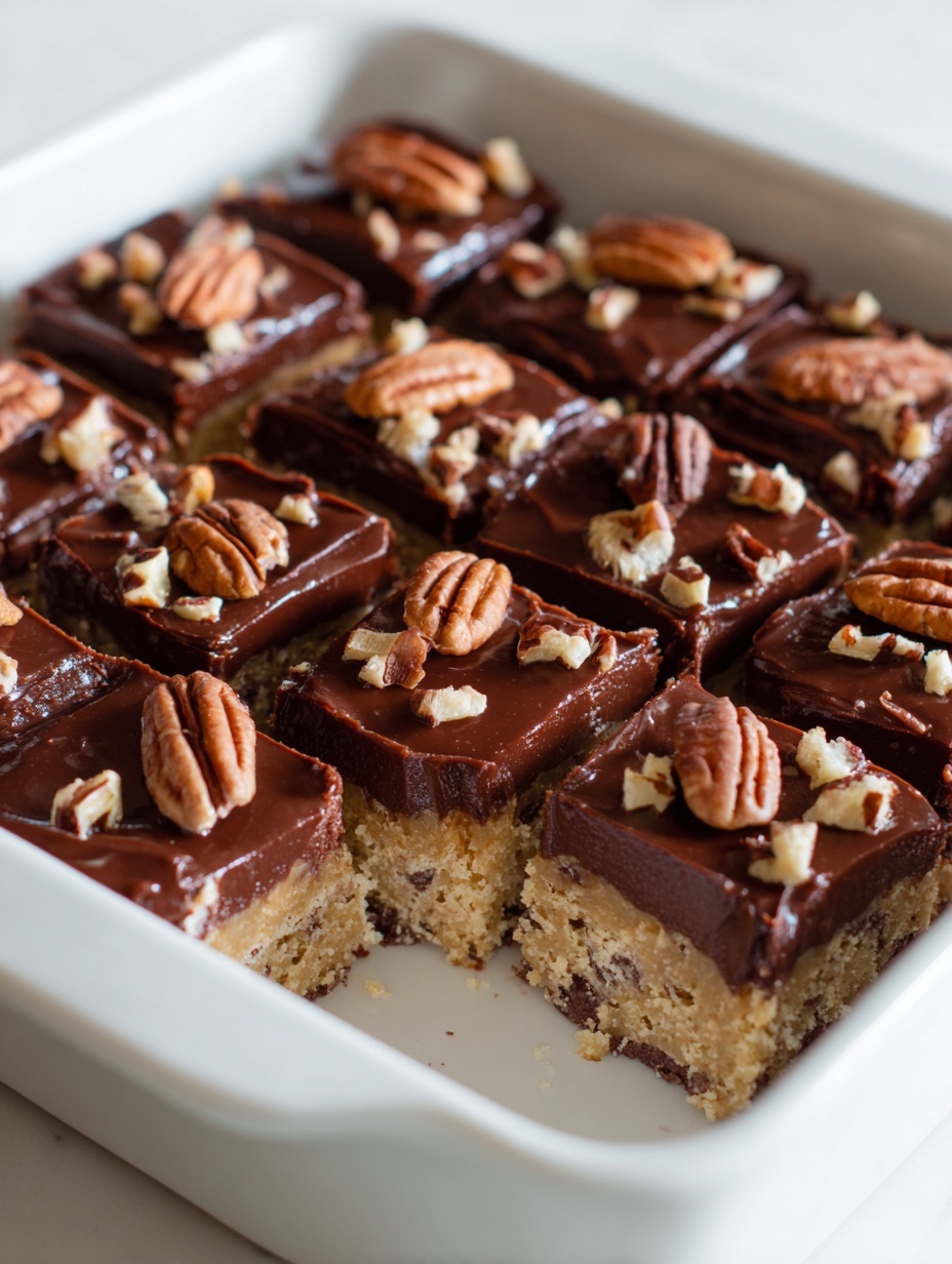 The image shows a square tray of dessert bars cut into small squares. The dessert has two main layers: the bottom layer is thick and beige with a crumbly texture and bits of nuts mixed inside, while the top layer is smooth, shiny dark chocolate. Each square is topped with a whole pecan half and some small pieces of chopped nuts scattered on the chocolate surface. The tray is white and sits on a white marbled textured surface. The photo was taken with an iphone --ar 2:3 --v 7