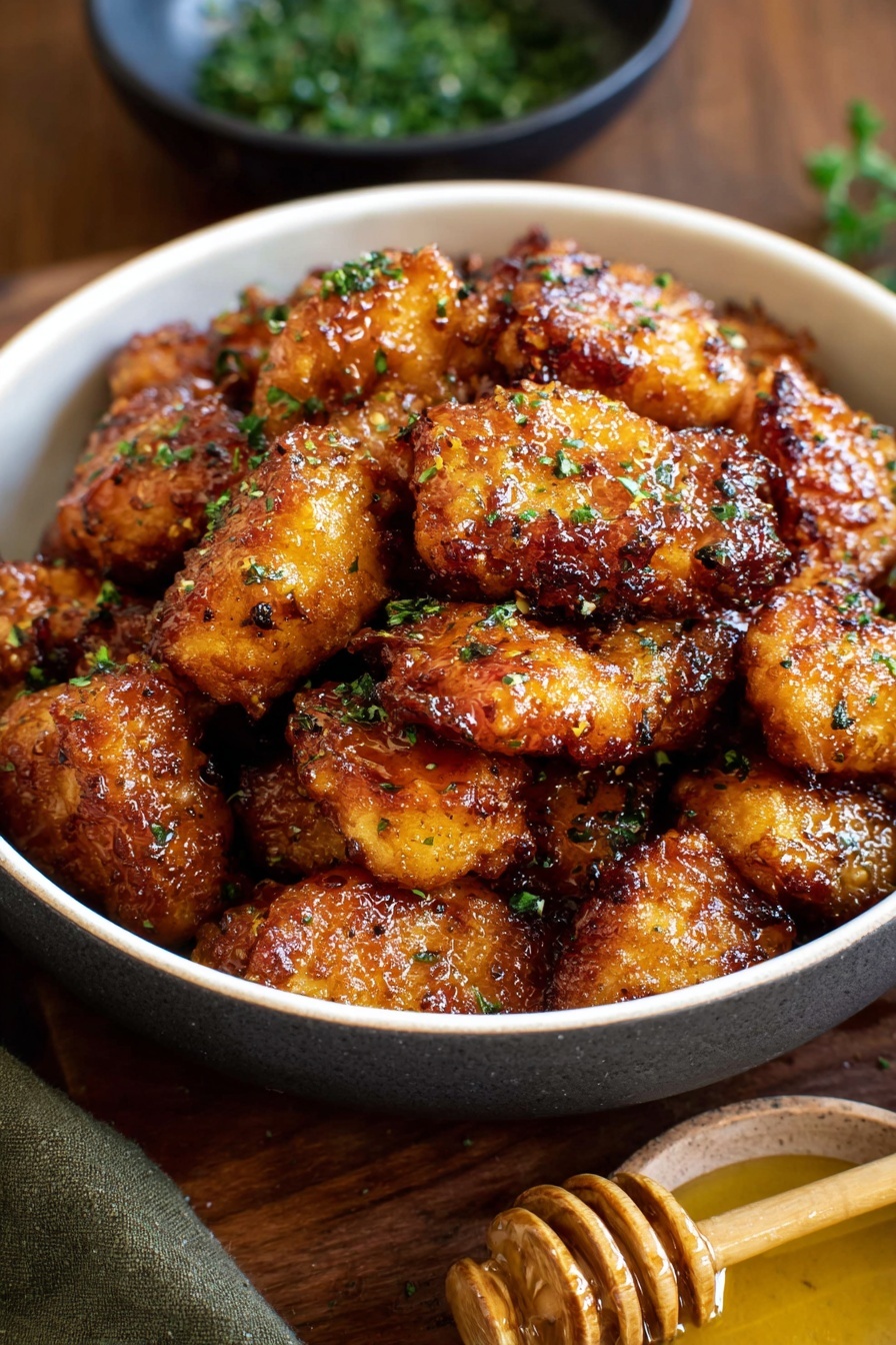 A white bowl filled with many small, browned cubes of cooked food, each piece showing a slightly crispy, dark golden surface with some charred spots. A woman's hand holds a wooden honey dipper dripping amber-colored honey onto the cubes, creating a shiny, sticky glaze over them. The texture of the cubes looks tender inside with a caramelized outside. The bowl is placed on a white marbled surface. photo taken with an iphone --ar 2:3 --v 7