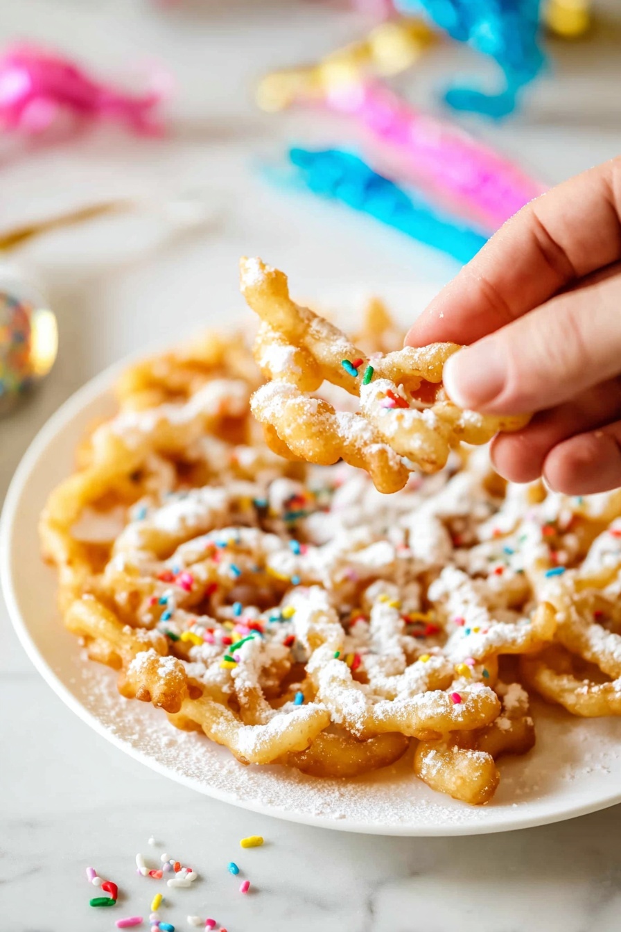 A golden brown funnel cake sits flat on a white plate, its intricate spiral and lattice pattern visible. The funnel cake is topped with a thick layer of white powdered sugar dusted unevenly across its surface, slightly melting into the fried texture. In the background, a blue bowl filled with more powdered sugar sits blurred, and the whole scene rests on a white marbled surface. The photo taken with an iphone --ar 2:3 --v 7