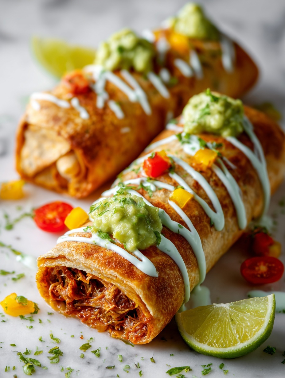 The image shows a close-up of three golden brown crispy rolled tacos placed on a white plate with a white marbled background. Each taco is drizzled with smooth white sauce in diagonal lines across the top. On top of the front taco is a small scoop of chunky green guacamole with visible bits of avocado, topped with small pieces of bright yellow and red cherry tomatoes and sprinkled with chopped green herbs. More chopped green herbs are scattered lightly over the tacos and plate, adding a fresh touch to the warm, crispy texture of the tacos. photo taken with an iphone --ar 2:3 --v 7