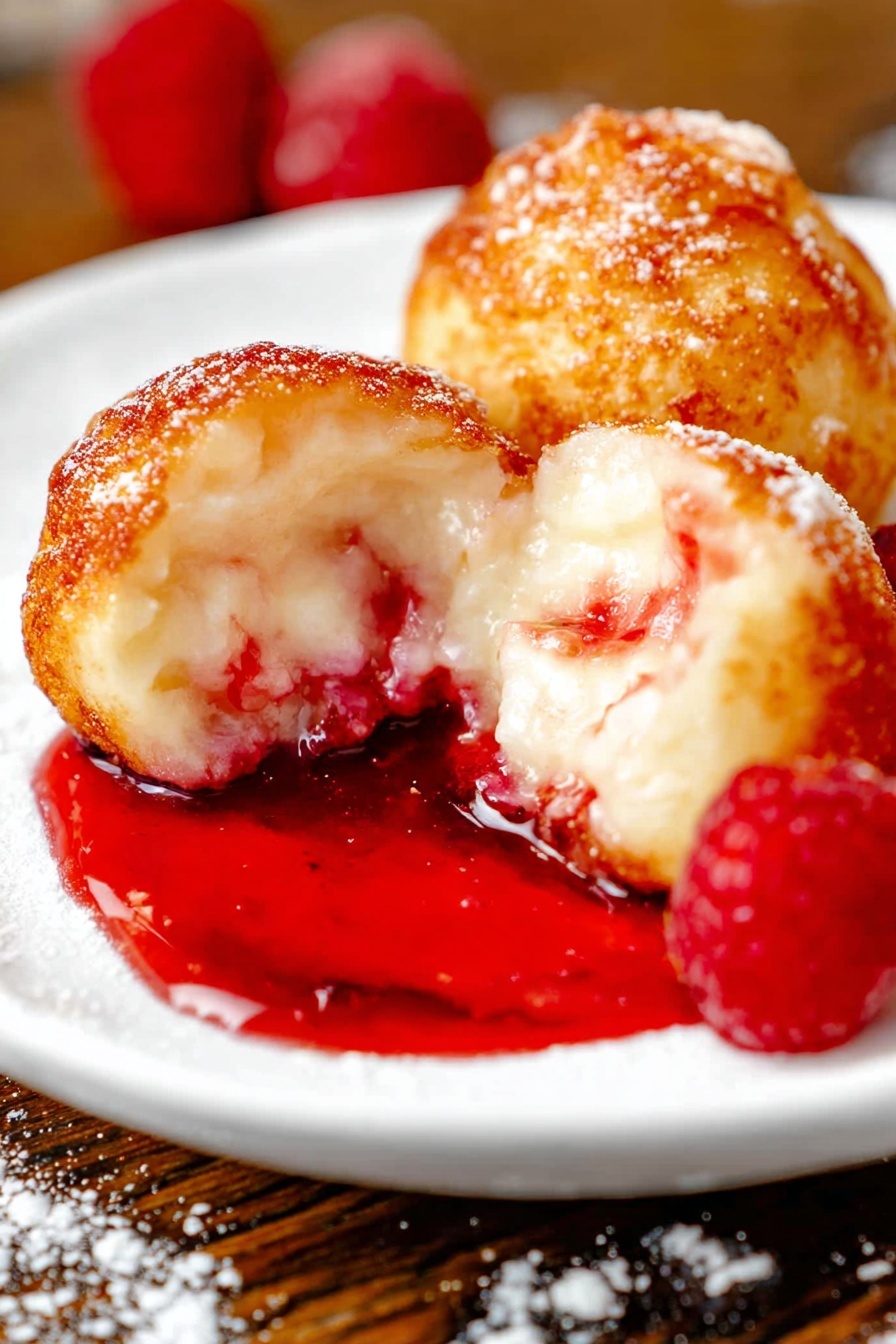 A close-up image of two small round dumplings on a white plate with red sauce pooled underneath them. One dumpling is whole with a golden-brown crispy outer layer, while the other is halved showing a soft, creamy, off-white inside with bits of red from the sauce clinging to the surface. The sauce is a bright, glossy red, creating a vivid contrast with the dumplings. The plate rests on a wooden surface with white powder sprinkled around, and two red raspberries are blurred in the foreground. photo taken with an iphone --ar 2:3 --v 7