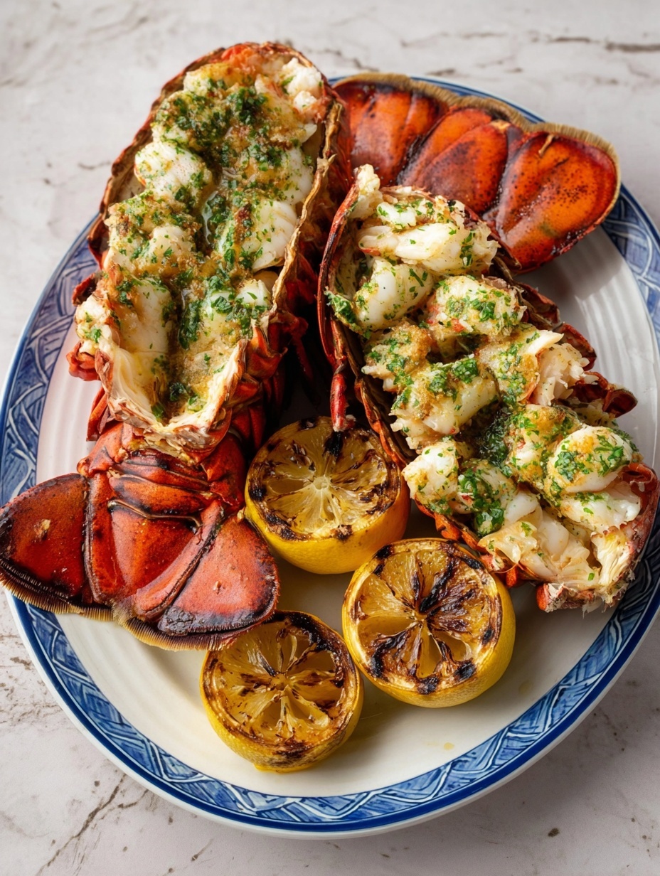 A white plate holds bite-sized pieces of lobster meat with a light green herb sauce drizzled over them, showing a mix of white and light orange colors with a moist texture. Behind it, a white plate with a blue rim contains a split lobster tail, revealing white lobster meat inside bright red shells, with some green herb sauce on the meat. A grilled lemon half with charred marks sits next to the lobster tail on the same plate. The scene is set on a white marbled surface with a plain white background. photo taken with an iphone --ar 2:3 --v 7