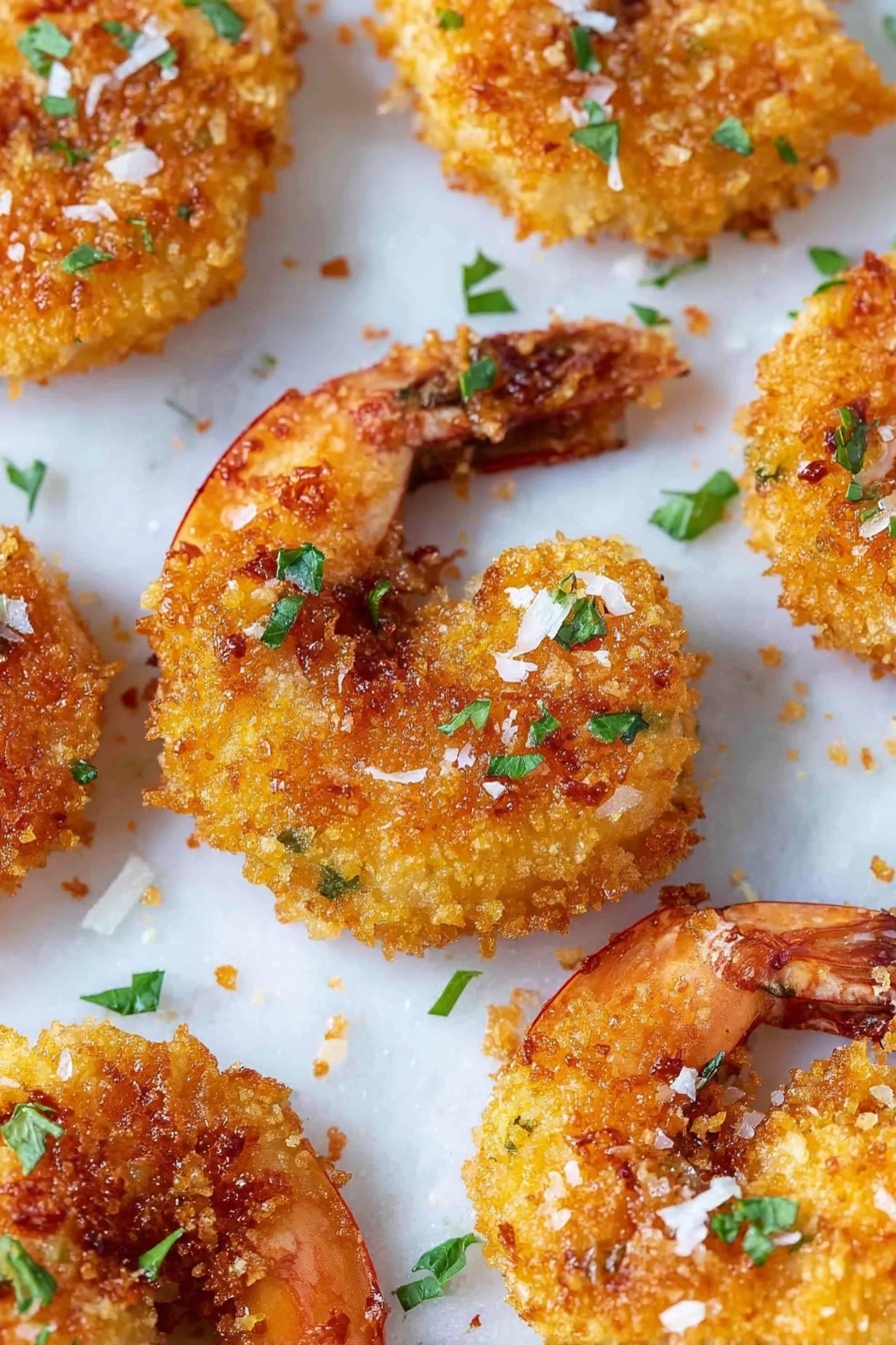 A white plate filled with two layers of golden brown fried shrimp coated in crispy crumbs, each piece showing a crunchy texture with some shredded bits on top; the shrimp have bright orange tails and light golden round bodies. A small white bowl of creamy white dipping sauce sits on the side of the plate. Fresh green chopped herbs are sprinkled over the shrimp and plate, adding color contrast. The scene is set on a white marbled surface with a navy blue napkin partly under the plate, along with a visible whole coconut and pineapple blurred in the background. Photo taken with an iphone --ar 2:3 --v 7