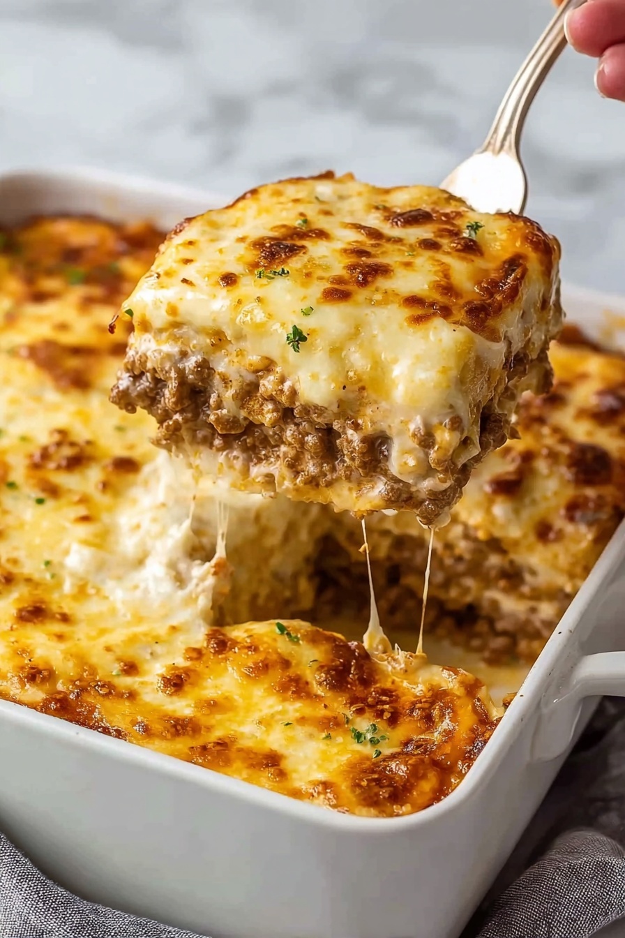 A white rectangular dish filled with a baked layered casserole, showing three visible layers: a browned, melted cheese top with golden spots, a middle layer of creamy sauce mixed with ground meat, and a bottom layer also of creamy sauce and meat with slightly darker browned bits. A woman's hand is holding a silver fork lifting a portion of the casserole, showing the cheese stretching slightly as it is pulled up. The background is a white marbled texture. photo taken with an iphone --ar 2:3 --v 7