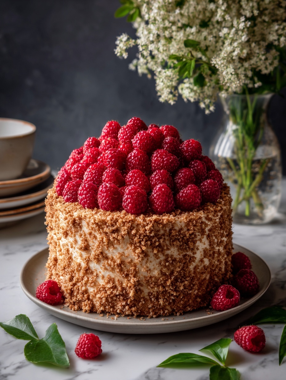 A tall, round cake covered completely in a thick rough layer of crushed nuts with a top piled high with fresh red raspberries. The cake sits on a dark wooden plate on a table with scattered raspberries and nut crumbs around it. To the right, there is a red rose with green leaves and a dark green cloth. In the background, some delicate white flowers and green stems rise against a dark backdrop. The surface beneath has a white marbled texture. Photo taken with an iphone --ar 2:3 --v 7