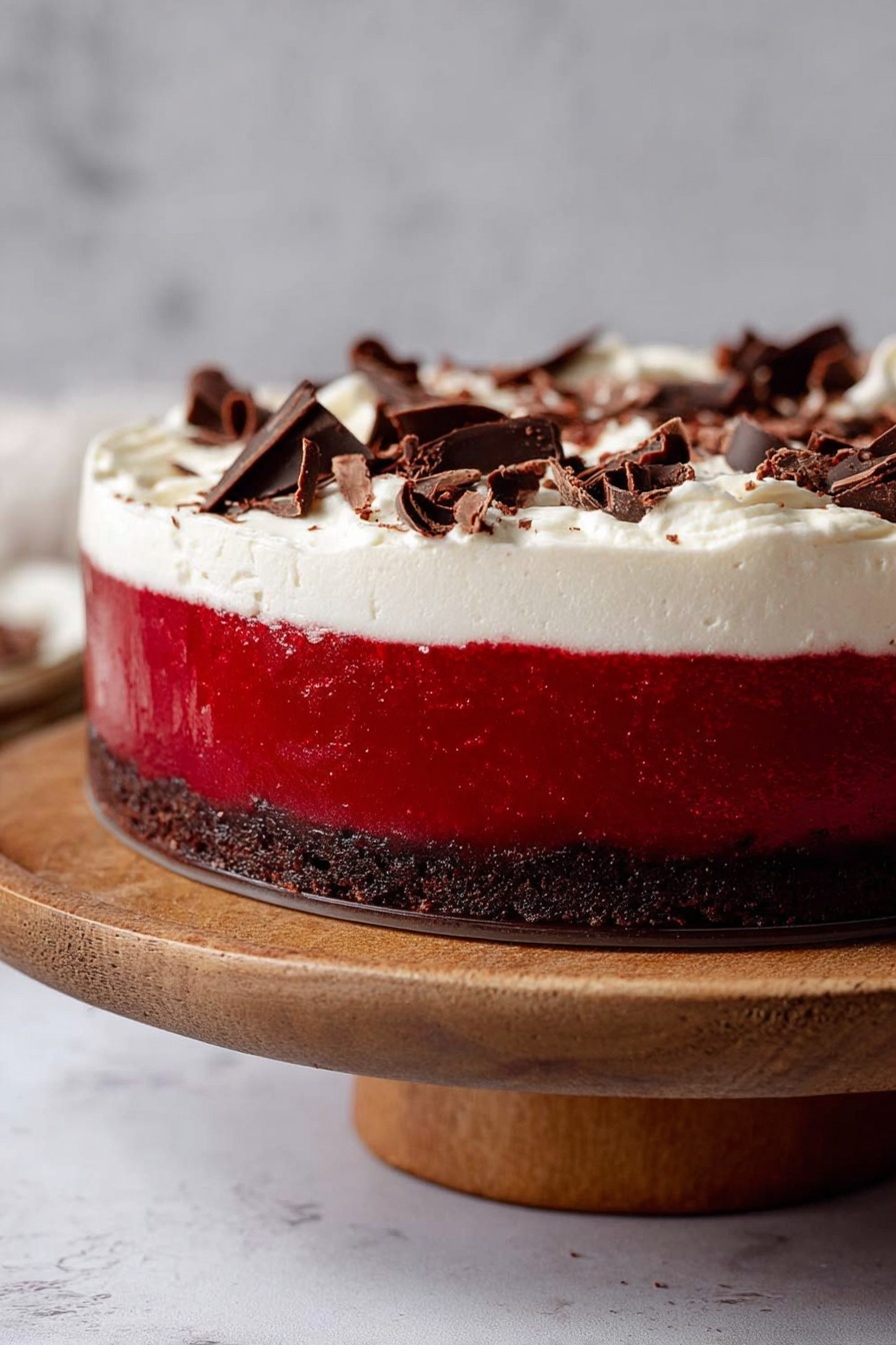 The dessert is a round, three-layered cake placed on a wooden stand. The bottom layer is dark brown with a crumbly texture. The middle layer is thick, smooth, and bright red. The top layer is white whipped cream, spread unevenly with soft peaks. Dark brown chocolate shavings are sprinkled over the whipped cream, adding texture and contrast. In the foreground, a small piece of the cake on a white plate shows the layers clearly. The background has a simple gray tone, and the surface is a white marbled texture. photo taken with an iphone --ar 2:3 --v 7