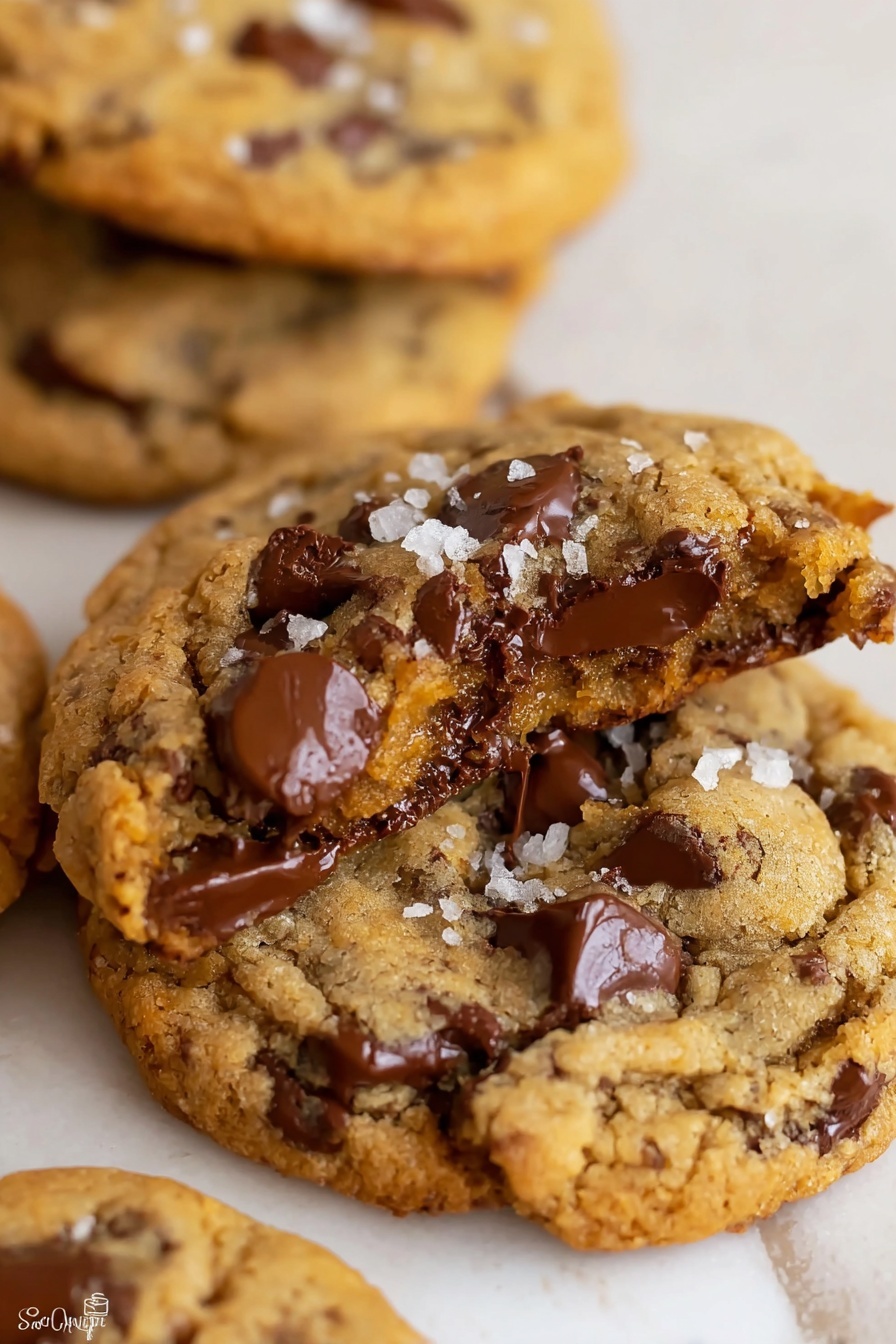 The image shows several chocolate chip cookies on a white marbled surface. One cookie is broken in half and placed on top of a whole cookie, showing a thick, soft, and slightly gooey inside with melted dark brown chocolate chips throughout. The cookie dough layers are light brown with a slightly rough and chewy texture, and the top of the cookies is sprinkled with small white flakes of salt. The chocolate chips are scattered evenly, some slightly melted and shiny, adding to the rich look of the cookies. Photo taken with an iphone --ar 2:3 --v 7