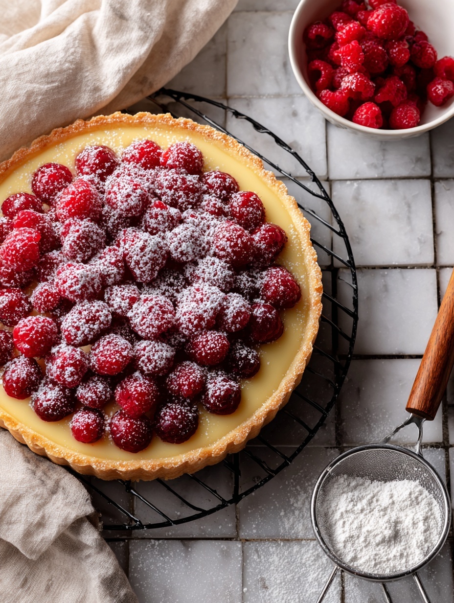 The image shows a round tart with a golden brown crust placed on a round metal cooling rack with looped handles, set on a white marbled tiled surface. The tart has three visible layers: the bottom layer is the crust, the middle layer appears creamy and pale yellow, and the top layer is covered with many fresh red raspberries dusted lightly with white powdered sugar. One slice of the tart is cut and placed back on the rack, with two slices served on two small white plates with brown dotted edges, also dusted with powdered sugar and topped with raspberries. A white bowl filled with more raspberries, a wooden-handled sieve with powdered sugar, and a beige cloth are around the tart. Photo taken with an iphone --ar 2:3 --v 7