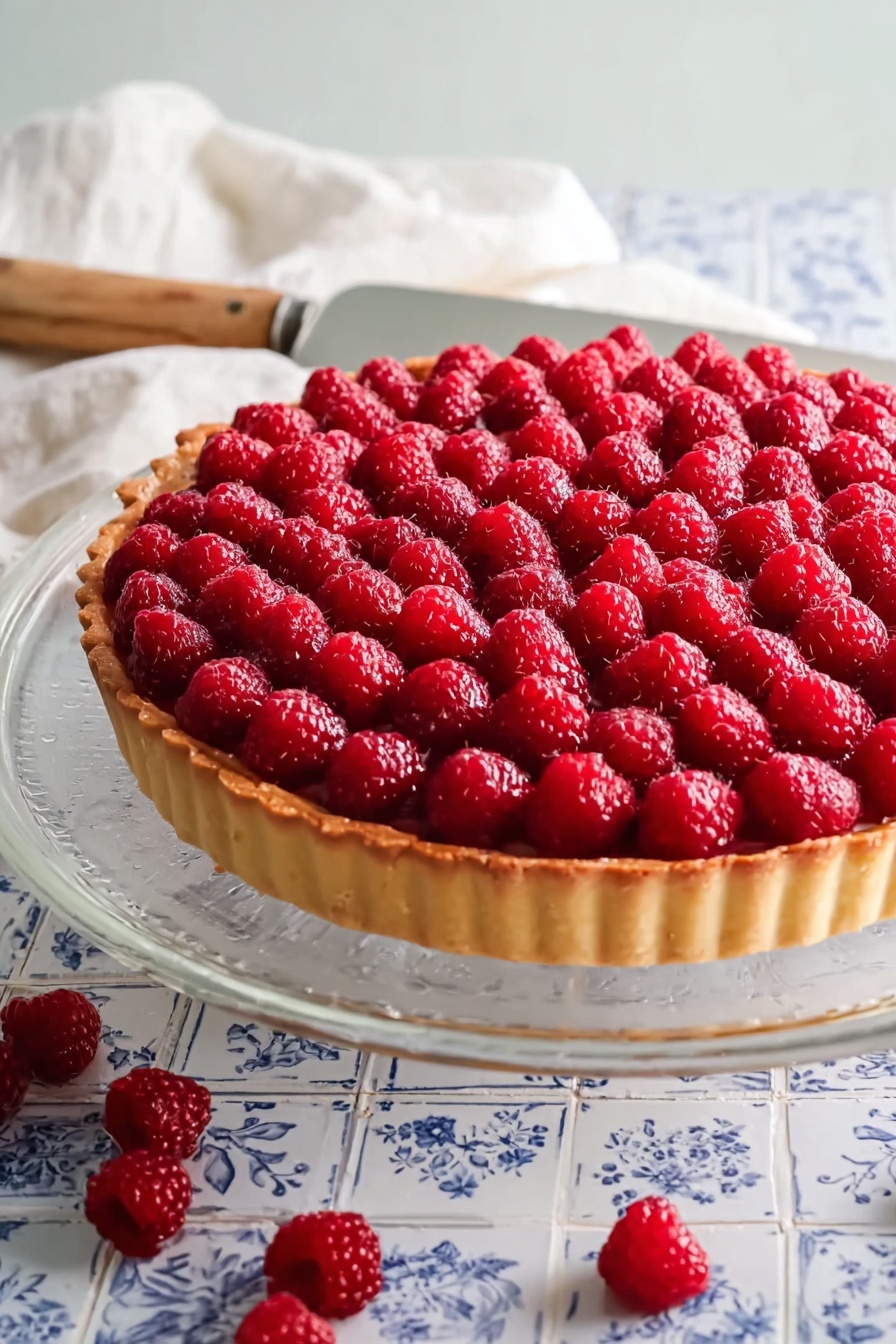 A round tart with a golden brown crust forms the base layer, smooth and even with fluted edges. The top layer is fully covered with bright red raspberries, arranged closely together in neat rows that cover the whole surface of the tart. Some raspberries are also scattered loosely around the tart on a white marbled surface. In the background, there is a white cloth and a knife with a light brown wooden handle, slightly blurred to keep focus on the tart. Photo taken with an iphone --ar 2:3 --v 7