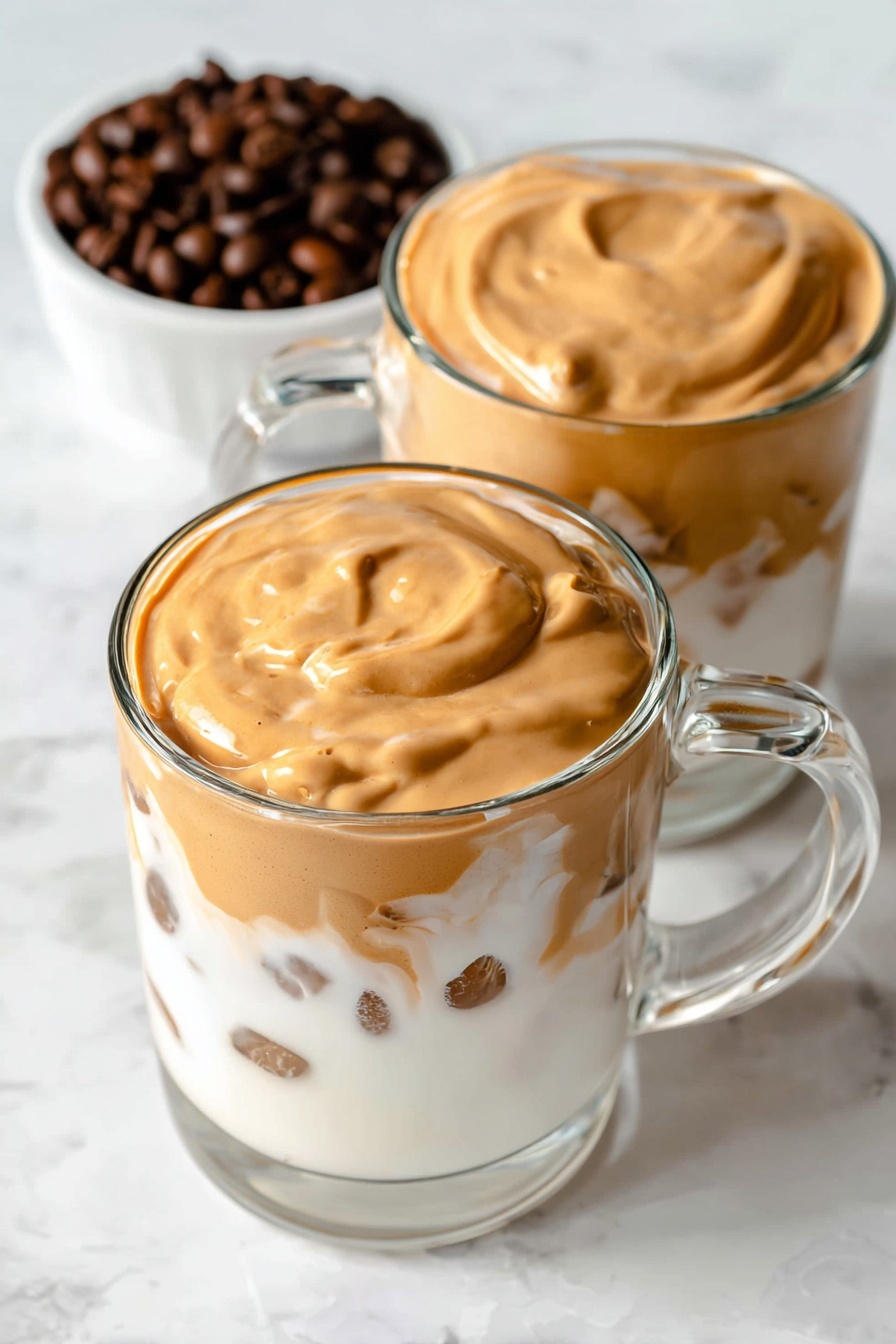 Two clear glass mugs placed on a white marbled surface, each filled with white cold milk as the base layer with ice cubes inside. Swirls of light brown coffee flow through the milk inside the mugs. On top of each mug, there is a thick, fluffy layer of light caramel brown whipped coffee foam that slightly overflows the edges. Coffee beans and a small white bowl with coffee beans are visible in the background, all set against a plain white background. Photo taken with an iphone --ar 2:3 --v 7