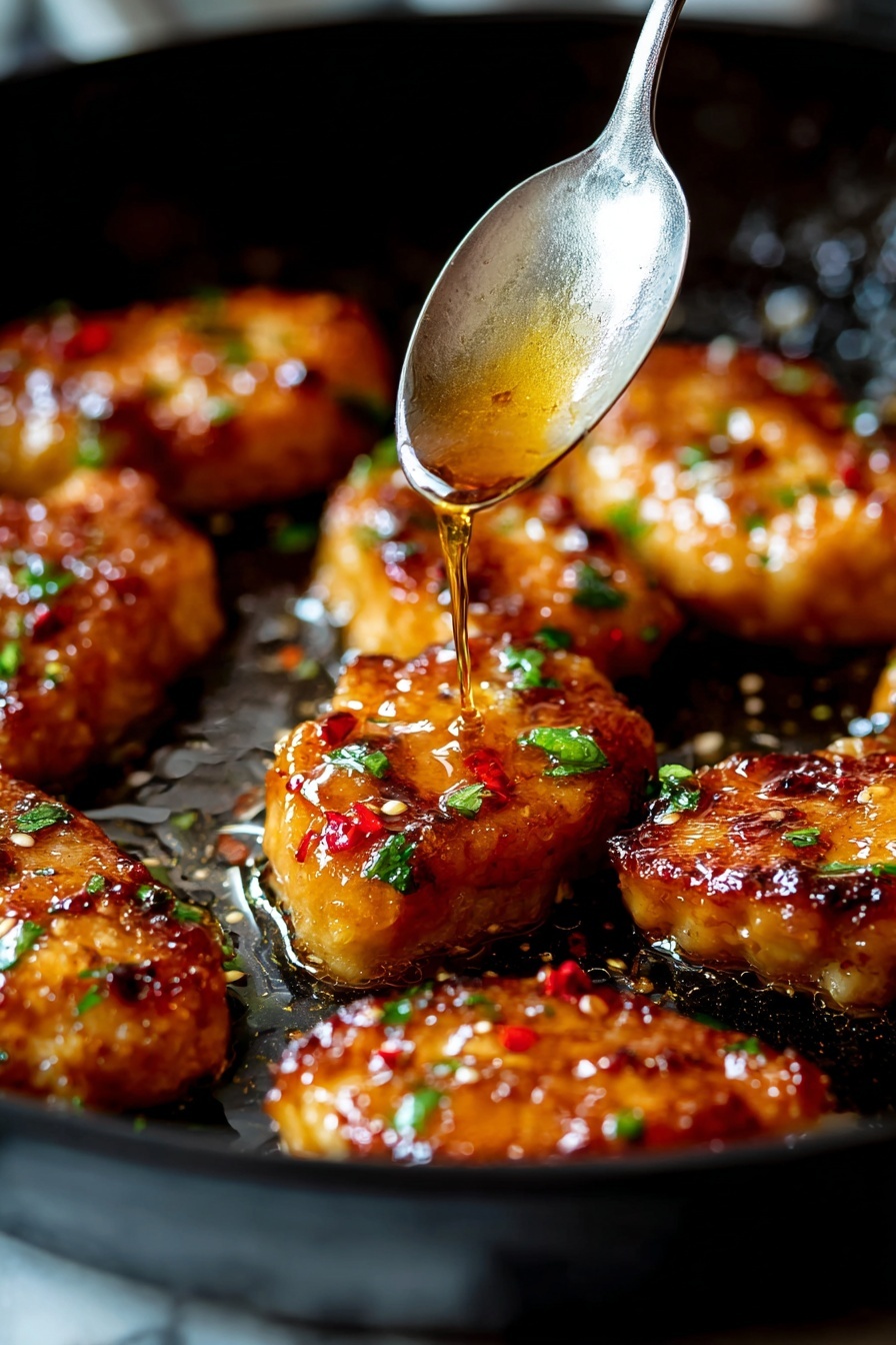 The image shows a black pan filled with several golden-brown chicken pieces that look crispy and juicy. Each piece is covered with small green herb bits and red chili flakes, giving a colorful and spicy look. A silver spoon is dripping a thick honey-like sauce over one chicken piece in the middle, making that piece glisten and look shiny. The chicken is arranged randomly but mostly fills the pan, with the sauce pooling slightly beneath. The background is a white marbled surface. photo taken with an iphone --ar 2:3 --v 7