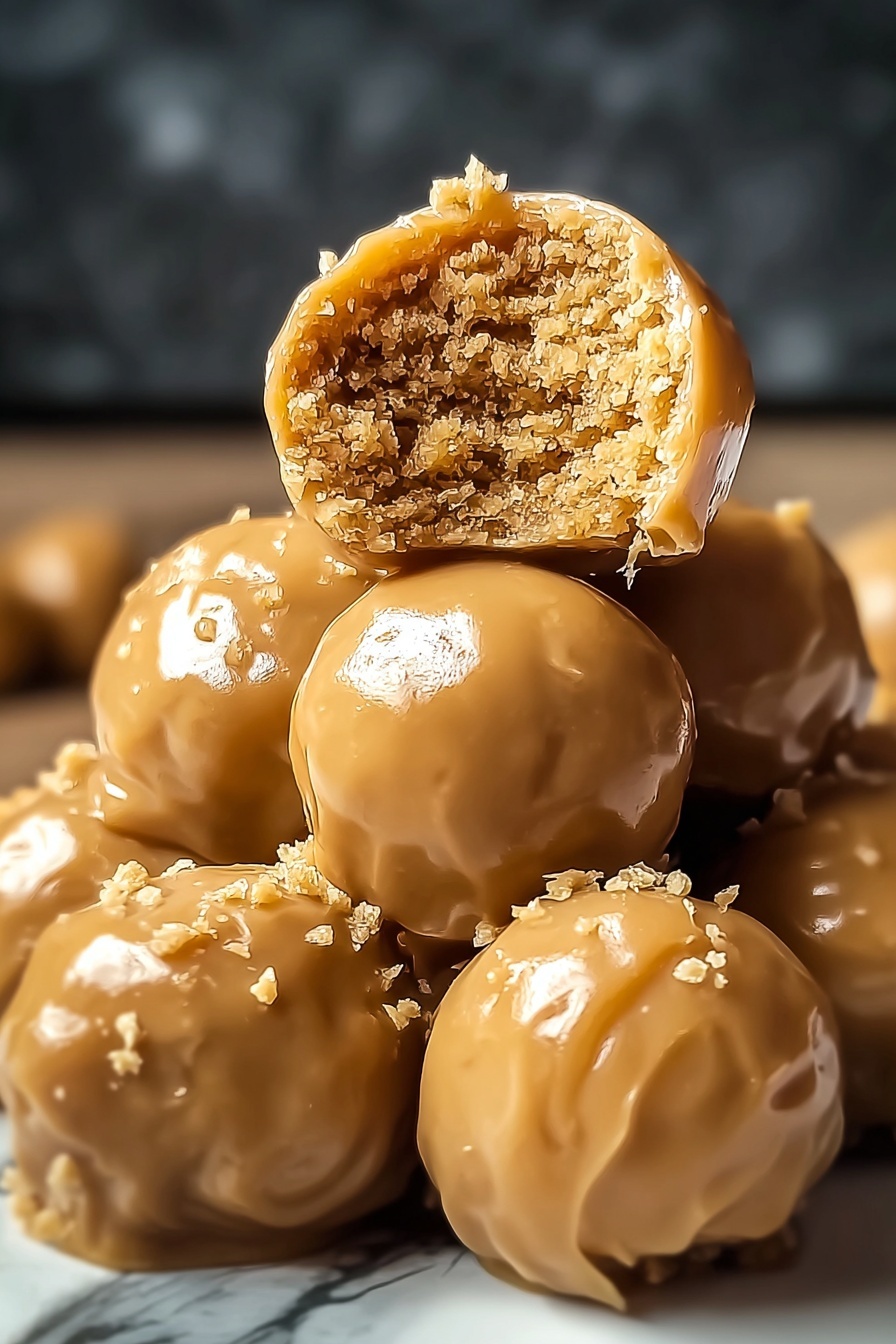The image shows a close-up of several round treats coated in a smooth, shiny caramel-colored layer with a slightly uneven texture from small cookie crumbs on the outside. One treat sits on top of the others, with a visible bite revealing a dense, crumbly inside that is a lighter brown color, showing a coarse, grainy texture. The treats are stacked closely together, giving a focus on their glossy exterior and crumbly interior. The background is softly blurred and dark, making the treats stand out on a white marbled surface. Photo taken with an iphone --ar 2:3 --v 7