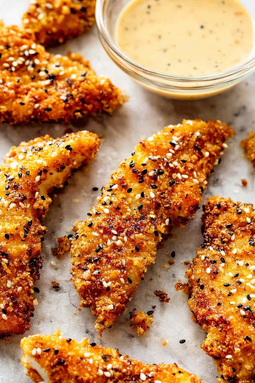 The image shows several pieces of golden-brown crispy fried chicken strips lying on a white marbled surface. Each chicken strip has a crunchy texture with small black and white sesame seeds sprinkled on top, adding contrast. The chicken pieces vary slightly in shape and size, with some appearing thicker and others thinner and longer. To the upper right side, there is a small clear glass bowl filled with a creamy light beige dipping sauce that has tiny specks of seasoning visible. The overall presentation is close-up, capturing the details of the crispy coating and the scattered sesame seeds around the chicken strips. photo taken with an iphone --ar 2:3 --v 7